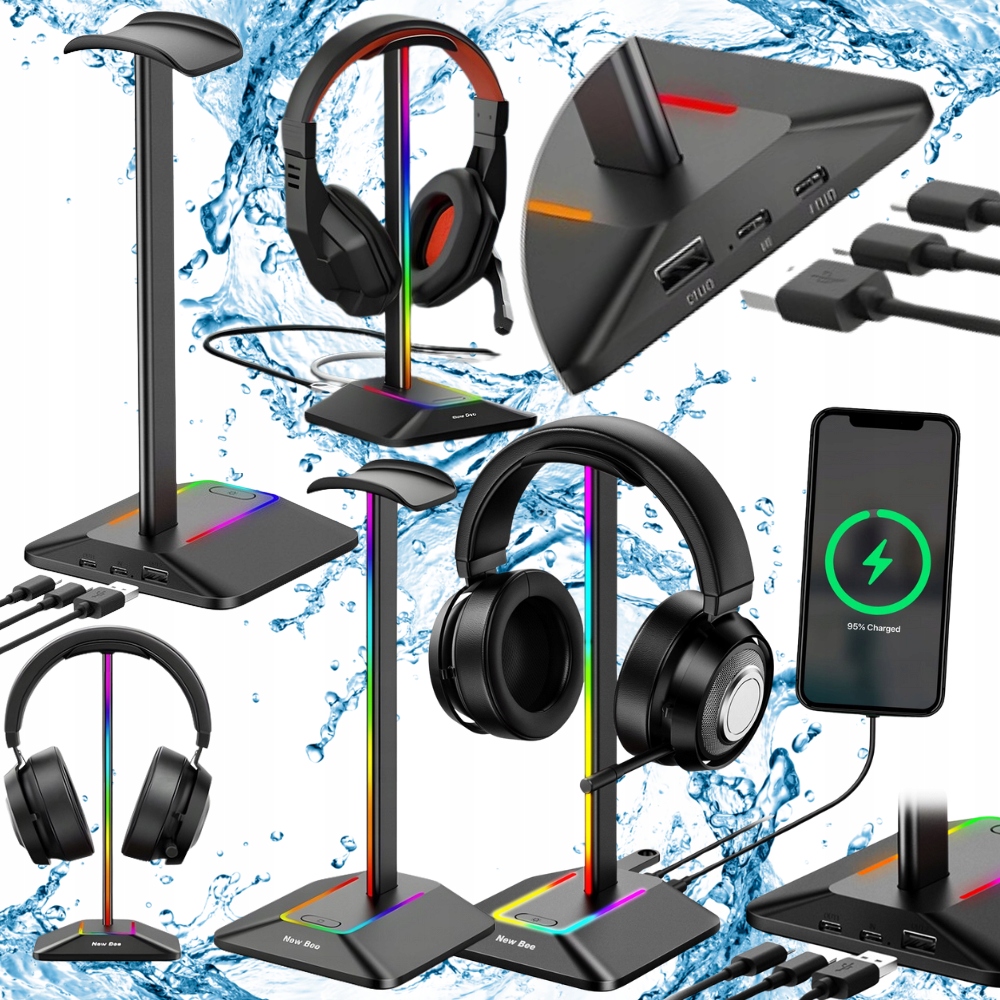 Solidny Stojak Na Słuchawki Uchwyt Statyw Podświetlany Rgb 2X Usb Gamingowy
