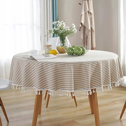 Ubrus kulatý na stůl do pokoje s třásněmi Len boho loft pruhy 140 Cm