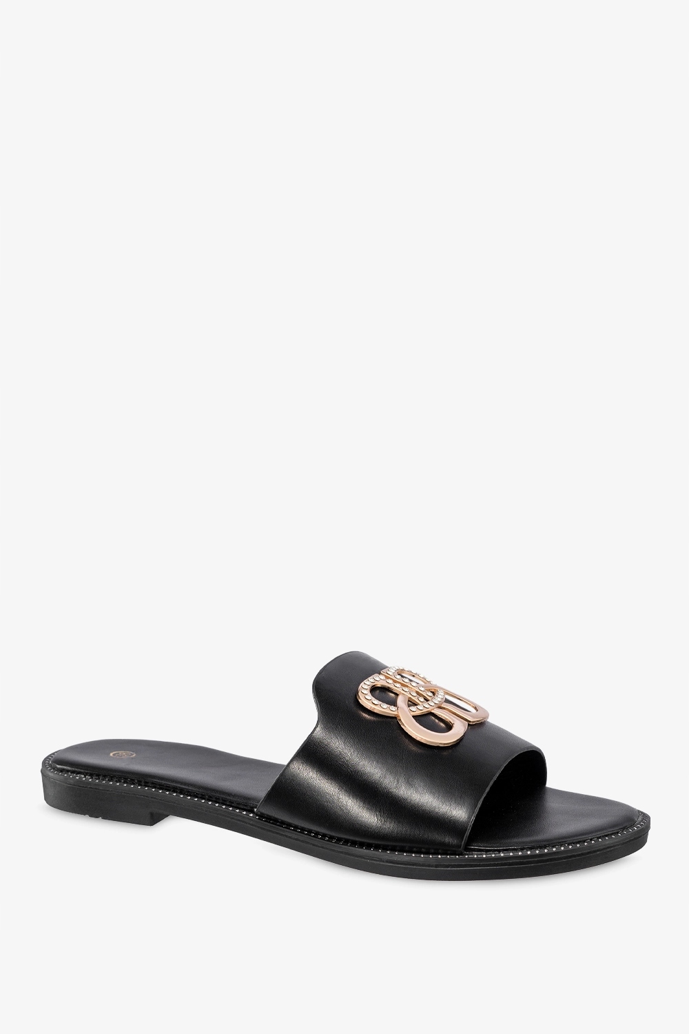 CZARNE KLAPKI DAMSKIE Z SZEROKIM PASKIEM ZE ZŁOTĄ OZDOBĄ PŁASKIE r 38 Stan opakowania oryginalne