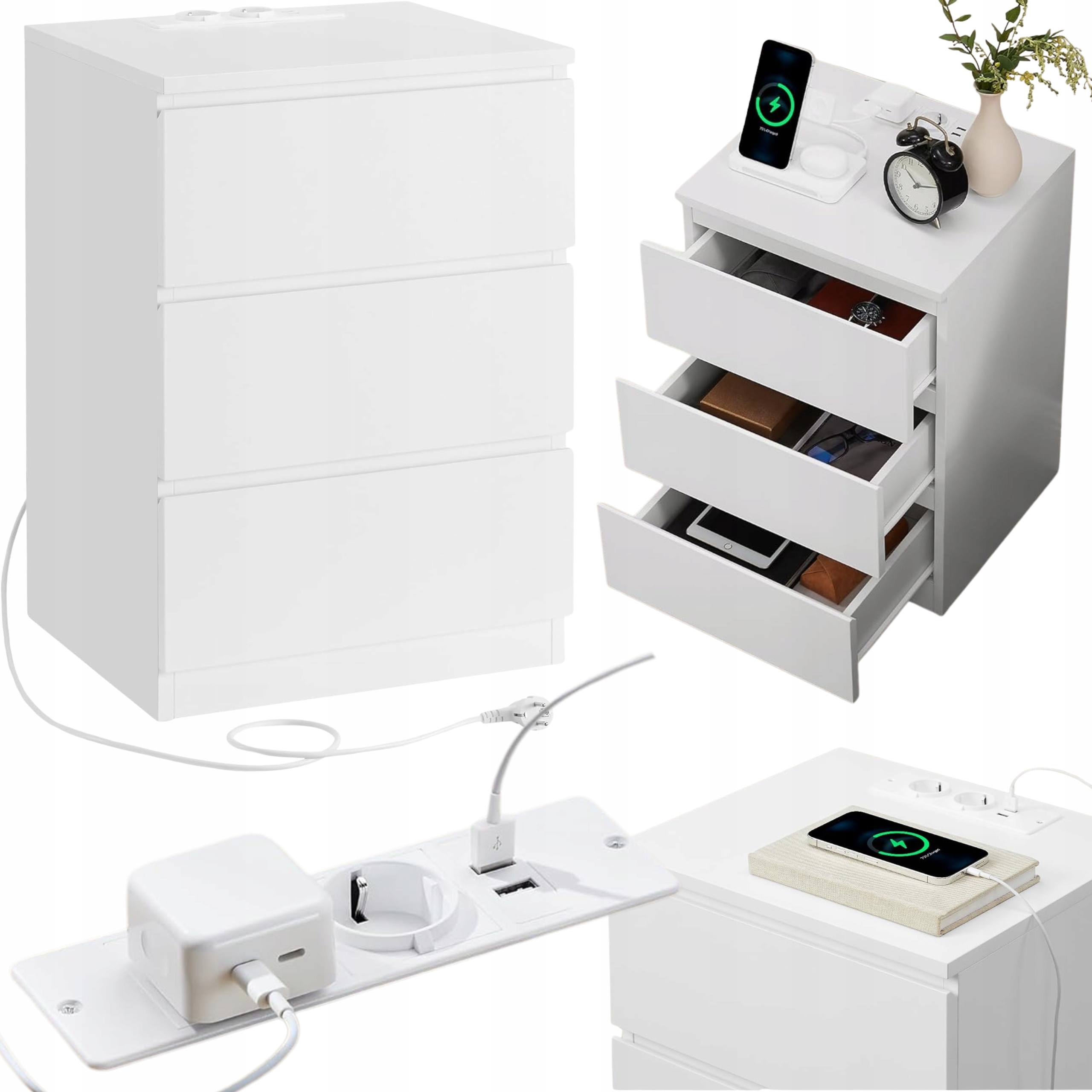 Nočný stolík Zásuvka 230V Nočná Skrinka s zásuvkami, nabíjačkou do spálne
