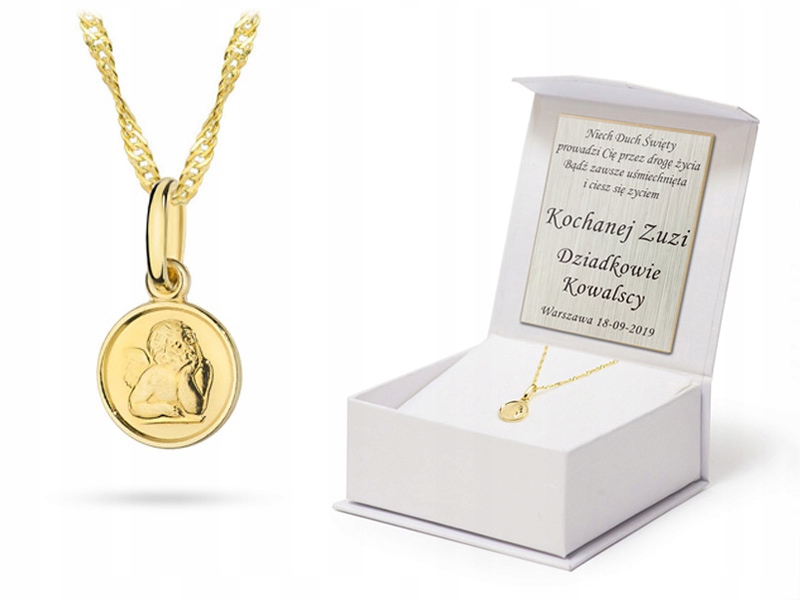 Řetízek Zlatý 585 Medailonek Andílek Křest Gravírování
