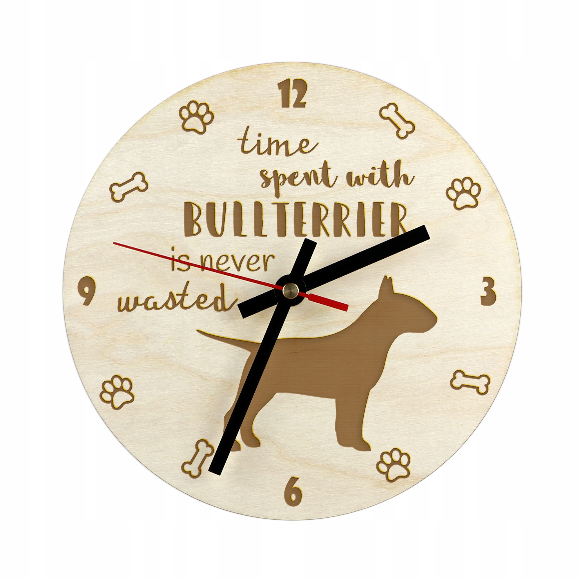 Bulteriér Bull Terrier gravírovaný hodinový stroj se psem, průměr 30 cm, jméno psa