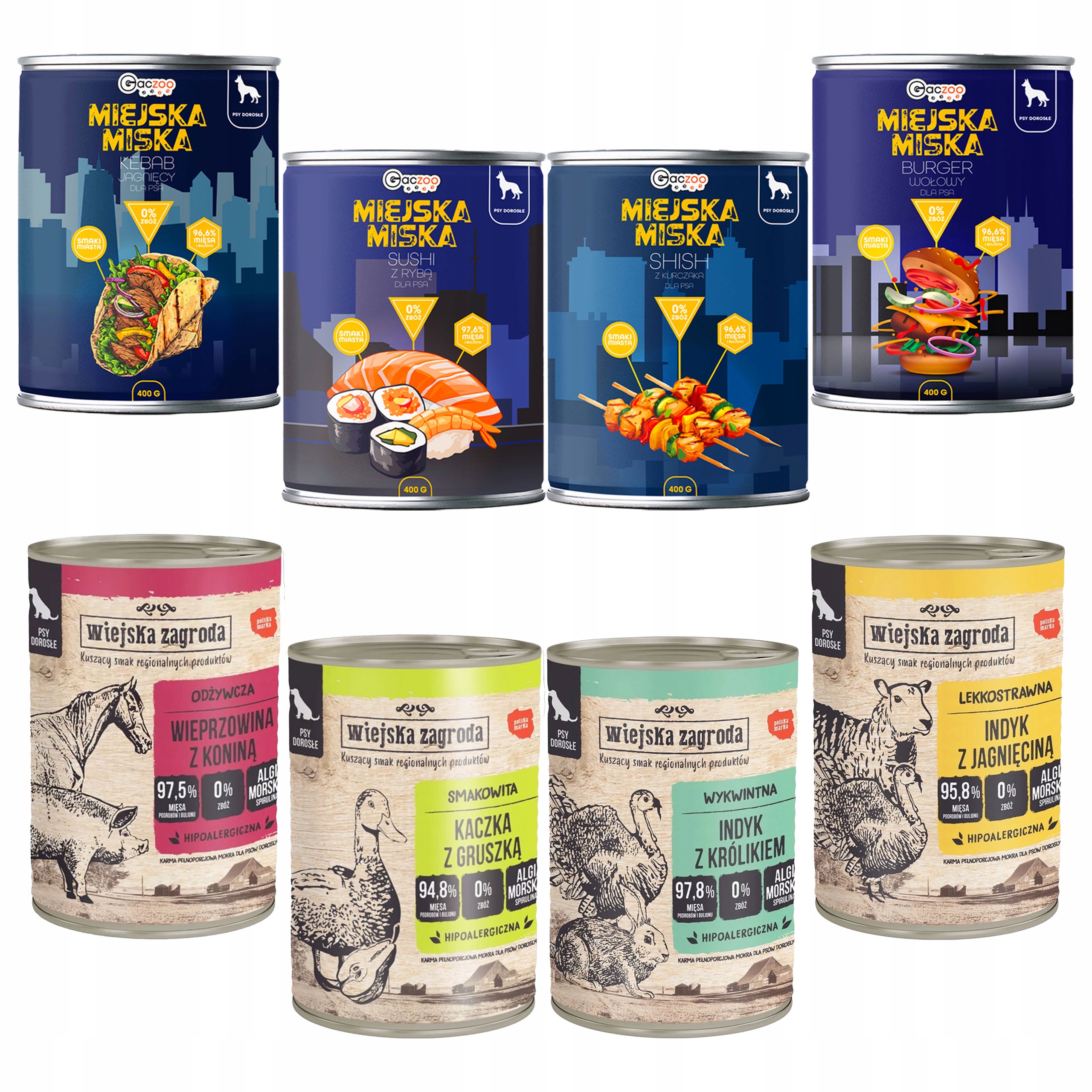 Levně Wiejska Zagroda Městská miska Gaczoo Krmivo pro mokré psy mix chutí 8 x 400 g