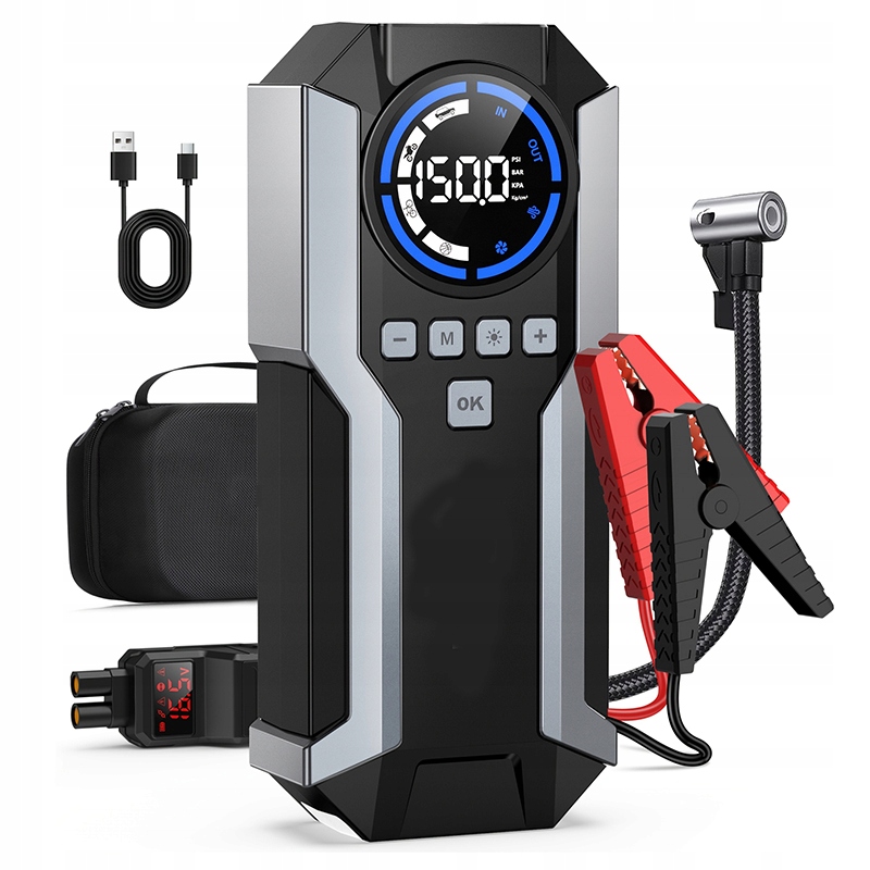Mocne Buster Booster Rozruchowy 6000A Jump Starter Z Kompresorem 10 Bar LCD