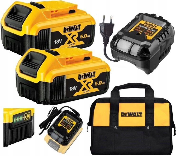 2x DCB184 Bateria DeWALT 5.0 Ah Xr 18V, DCB1102 Ładowarka 12V/18V, Torba