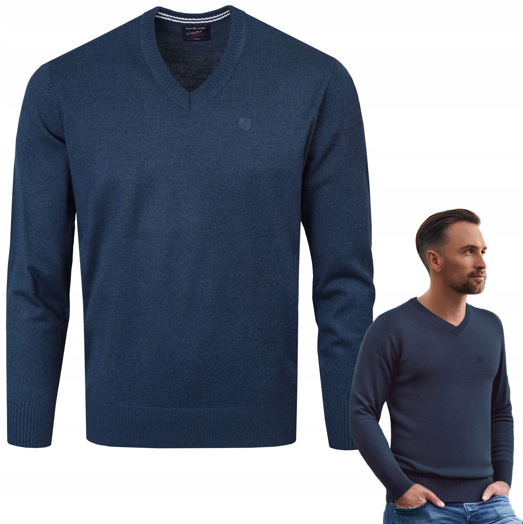 Pánský svetr se sýrem Elegantní Hladký Tmavě Modrý melír XXL Pako Jeans