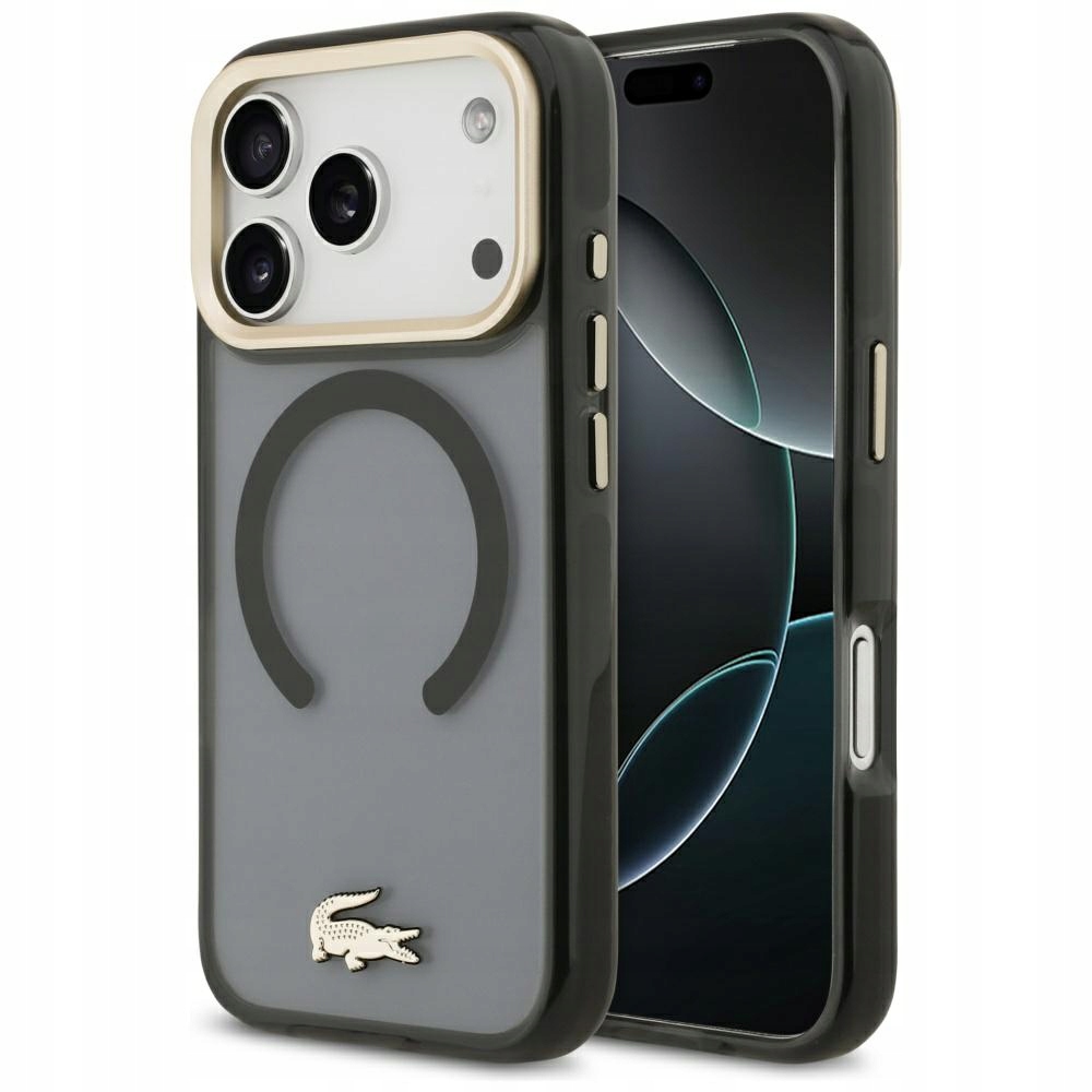 Pouzdro Lacoste Shockproof Gold Logo MagSafe pro iPhone 17 Pro, černé