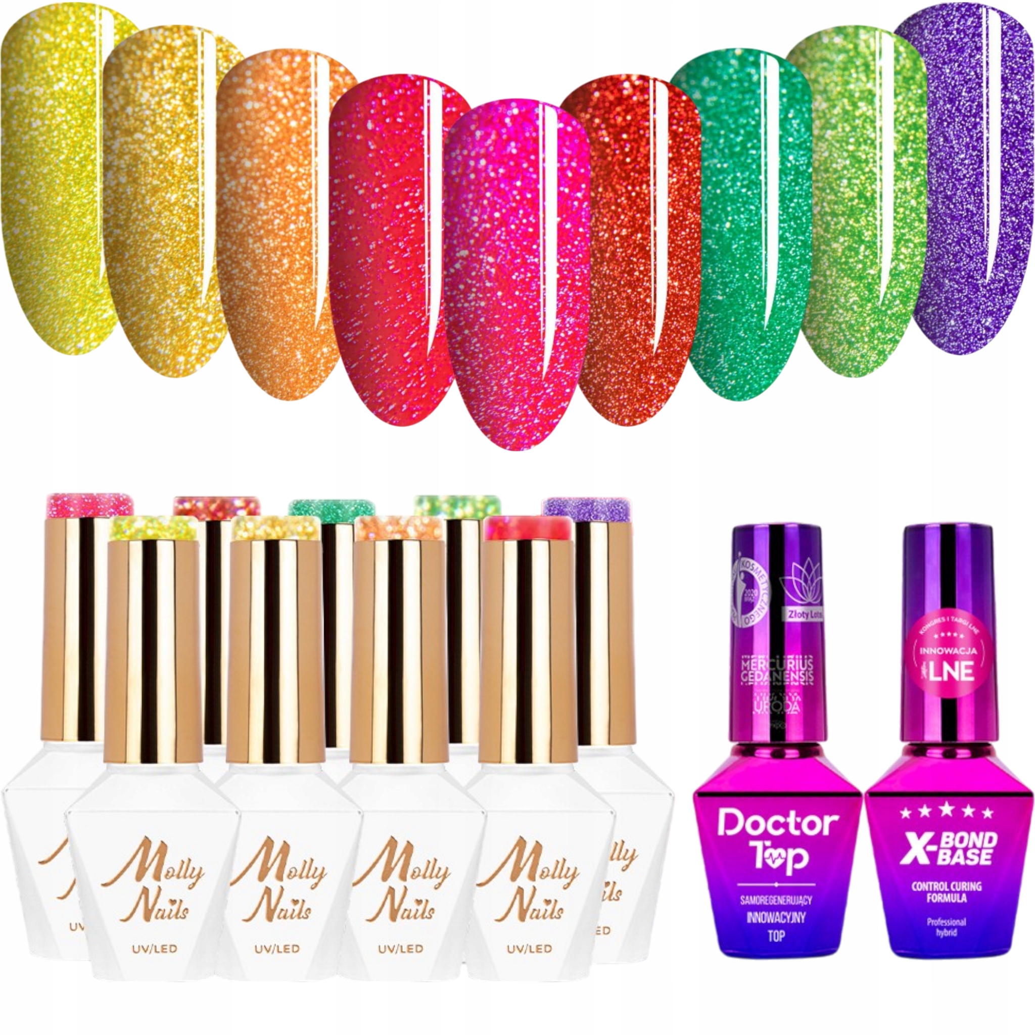 9x Hybridní lak Mollynails 8 g Flashing Lights Neon Báze Top Set