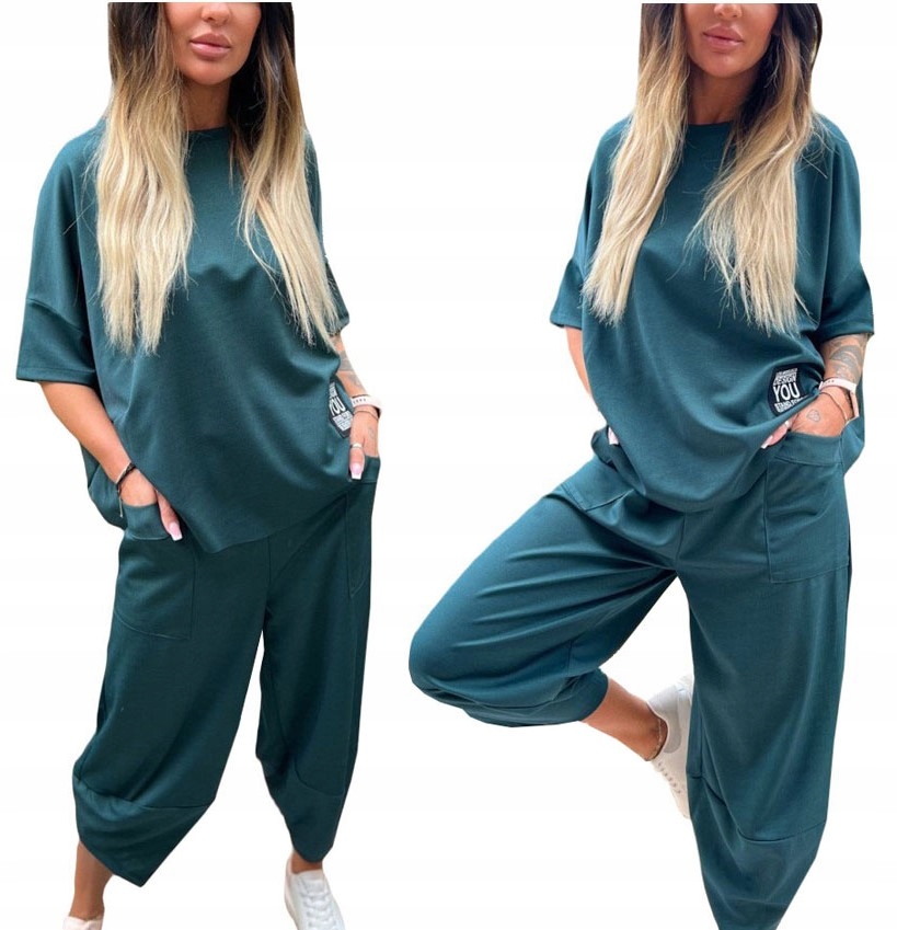 WŁOSKI ELEGANCKI KOMPLET BAWEŁNIANY BLUZKA SPODNIE DRESOWY OVERSIZE L