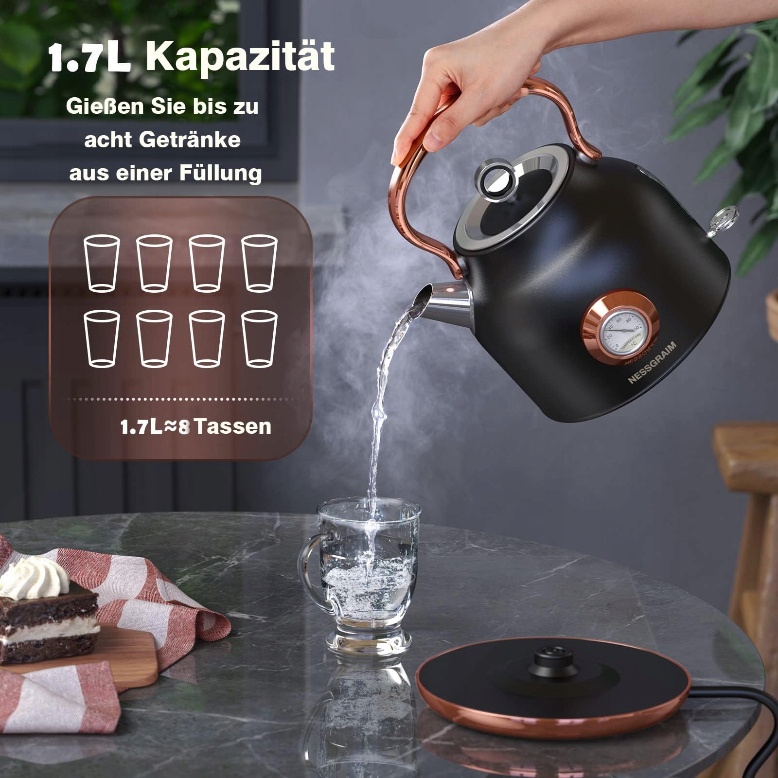 NESSGRAIM Retro Czajnik Elektryczny 1,7L Stalowy 2200W LED Temp. Wskaźnik — miniatura 4