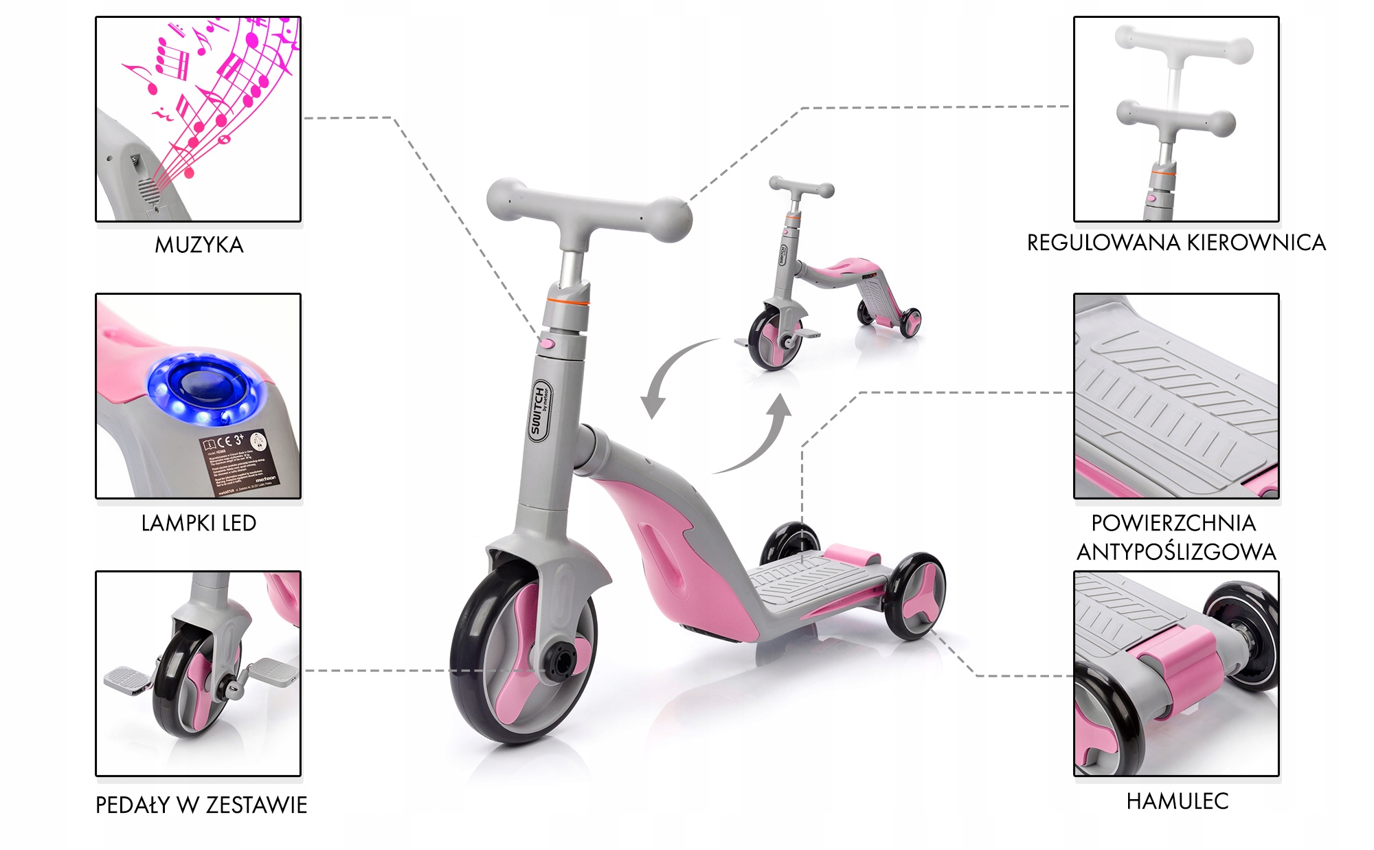 POJAZD ROWEREK HULAJNOGA METEOR SWITCH 3w1 grający Stan opakowania oryginalne