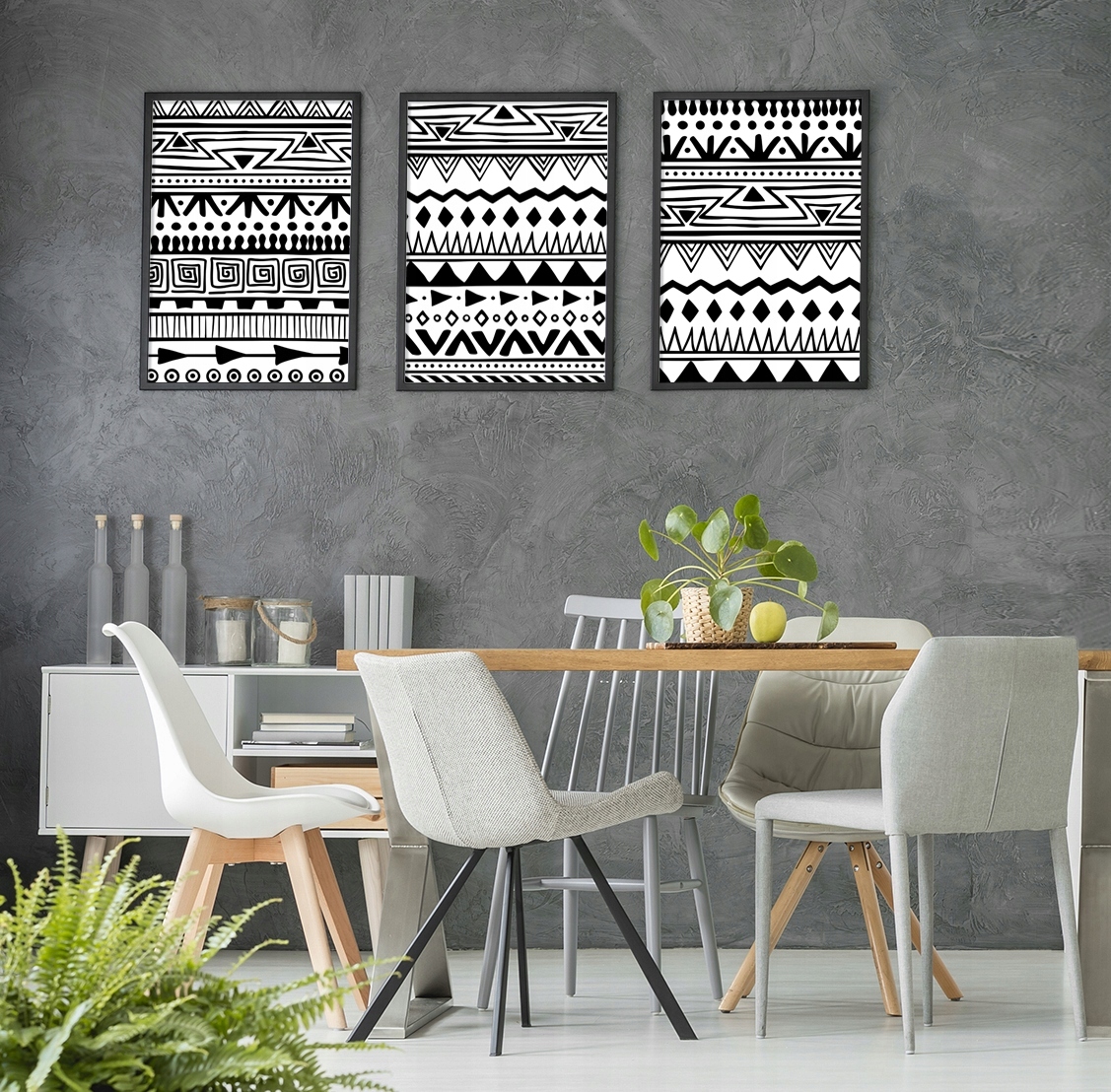 OBRAZY W RAMIE 53x73cm Tryptyk Komplet 3 obrazów ENTO BLACK WHITE biel P574 Sposób wykonania druk cyfrowy