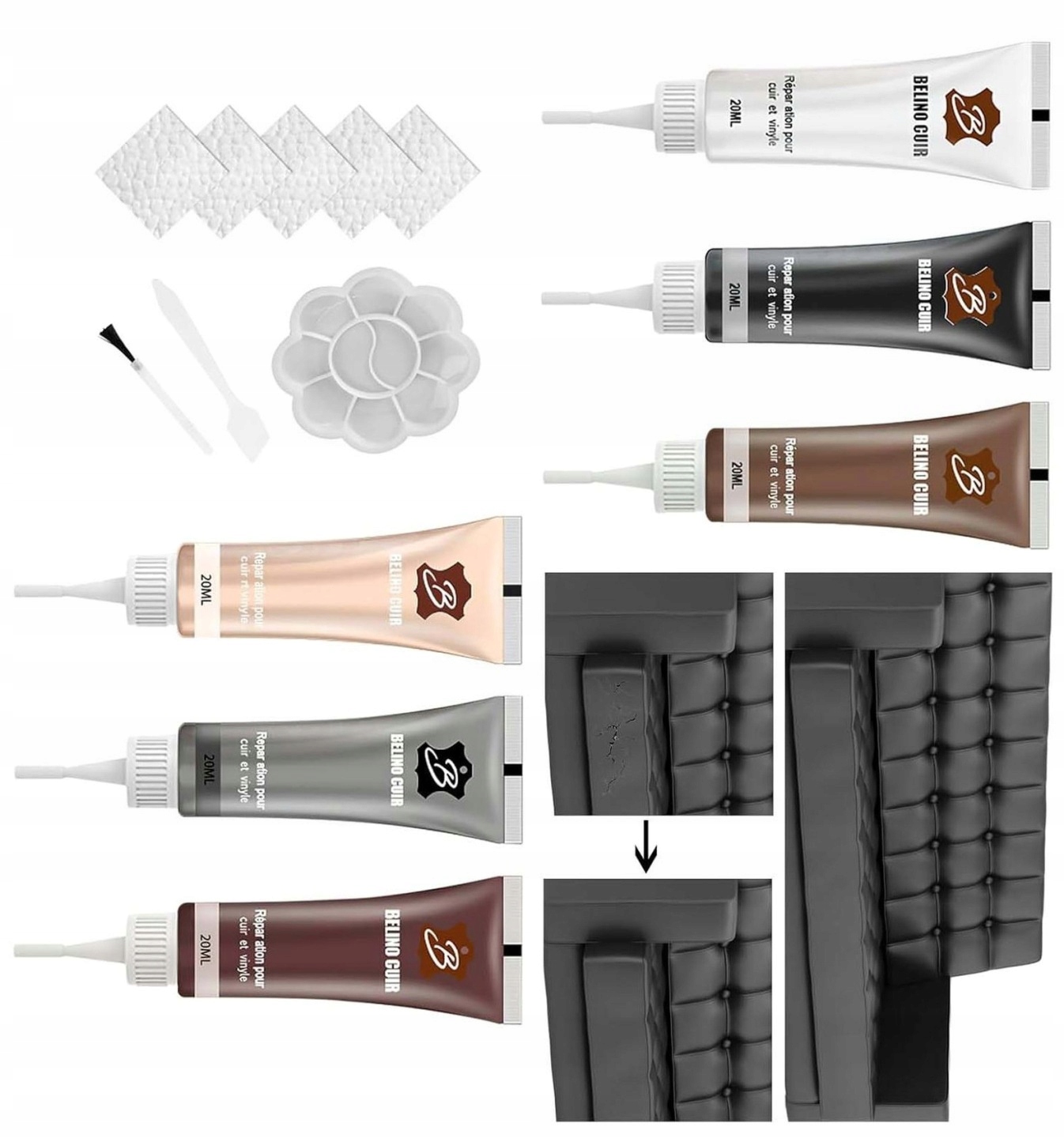 Zestaw szpachla zestaw do renowacji skóry tapicerki 6x20ml beż czarny biały