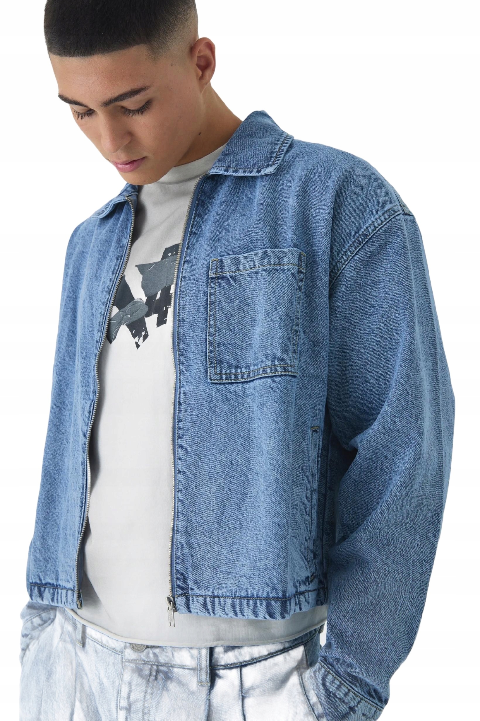 Boohooman Pánská Džínová Bunda Se Zipem, Jednořadá Kapsa, Modrá, Velikost 3A