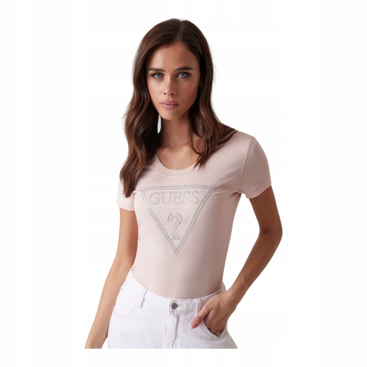 Guess Tričko Dámské Tričko Ss Cn Shiny Triangle Růžové vel. S