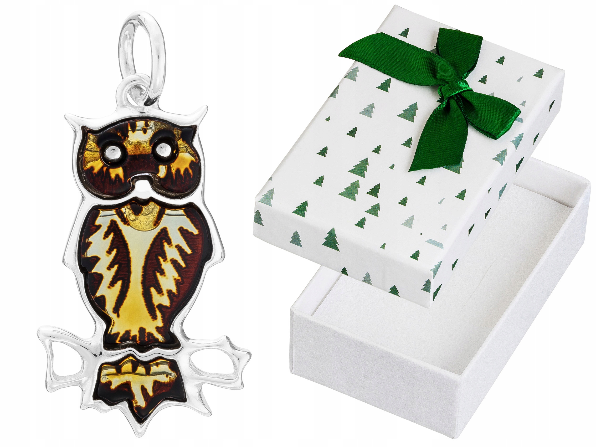 Stříbrný přívěsek Sova s jantarem Dámský Přívěsek Gravírovaný jantar