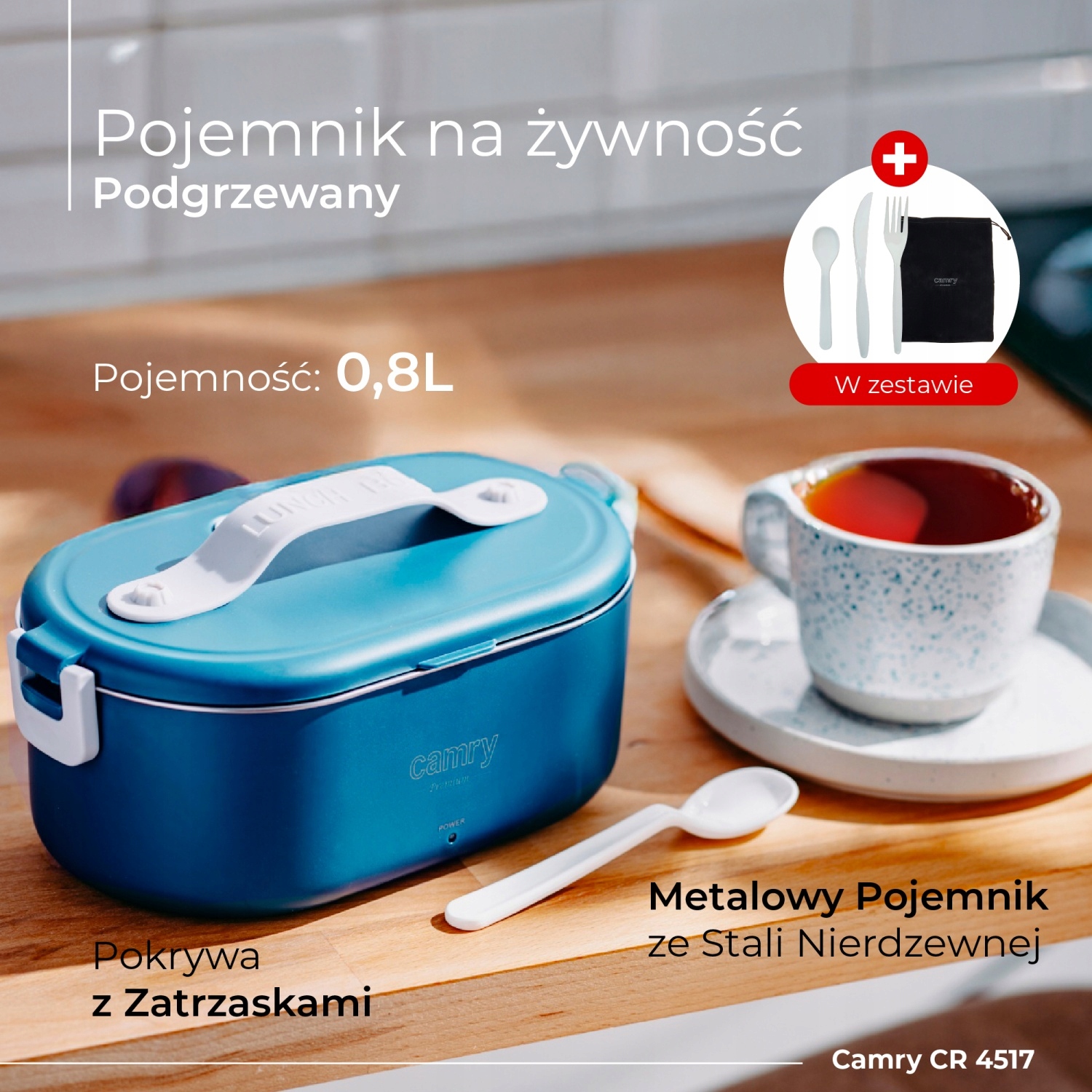 Podgrzewacz do żywności CR4517 - zestaw z metalowym pojemnikiem i sztućcami