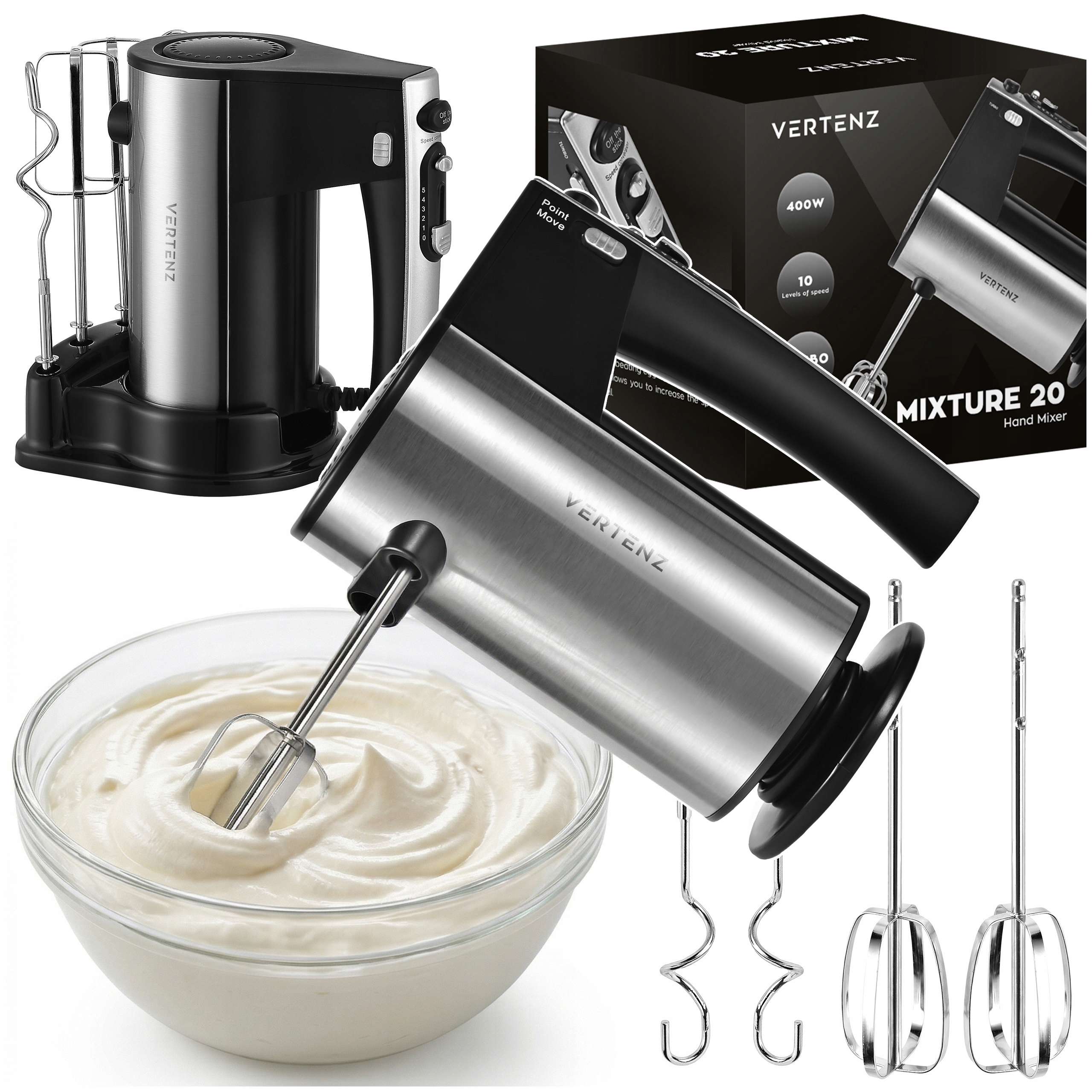 Mikser ręczny Vertenz kuchenny 800W Turbo 10 poziomów +2 mieszadła +2 haki