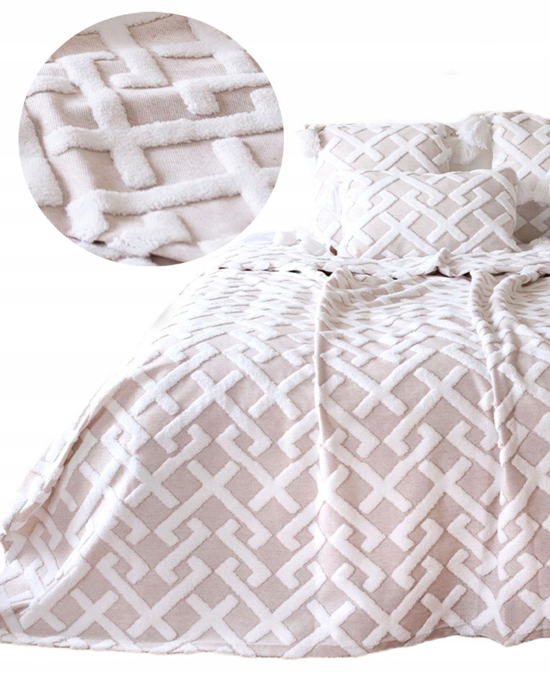 Velký přehoz na postel 230 x 240 cm Boho 4 povlaky na polštáře Béžová 5 prvků!