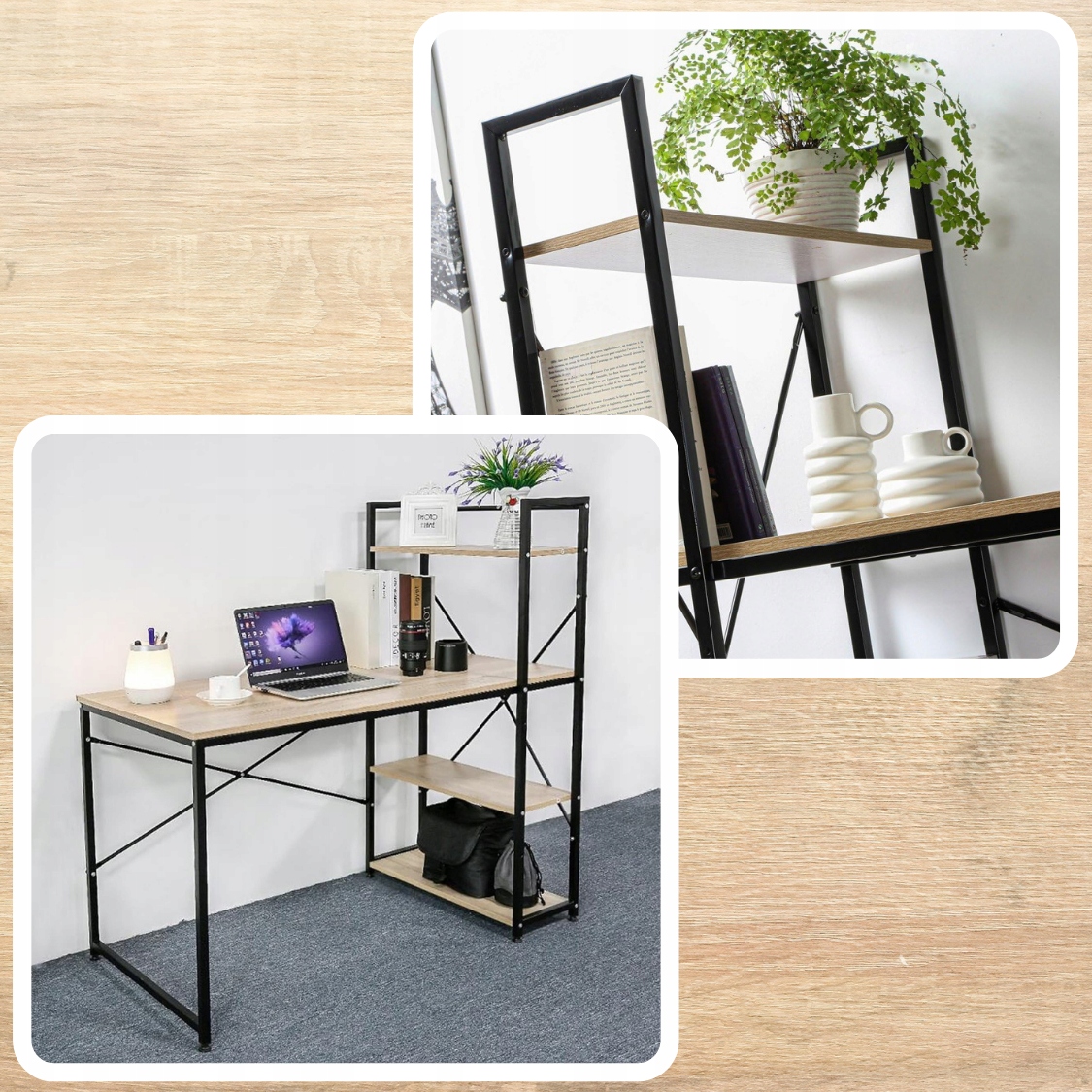 BIURKO METALOWE STOLIK Z REGAŁEM PÓŁKAMI INDUSTRIALNE LOFT DĄB JASNY 120 cm Marka MEMFLOW