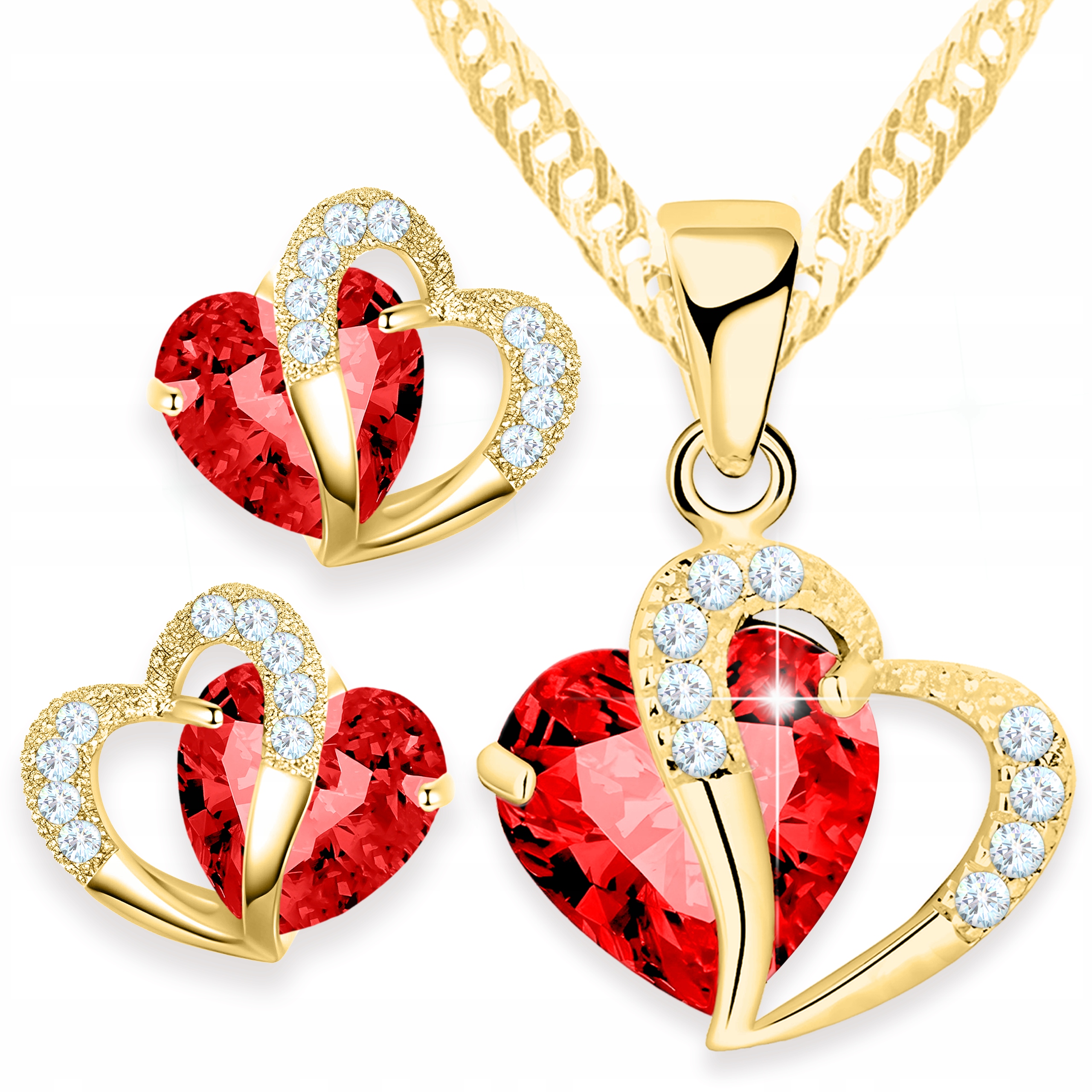 Sada Zlaté Náušnice a Náhrdelník 925 s Křišťálovými Červenými Krystaly ve Tvaru Srdce
