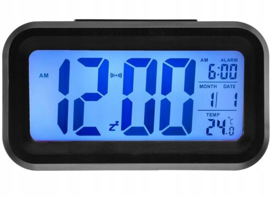BUDZIK PODŚWIETLANY ZEGAREK LCD TERMOMETR ALARM ŚWIECĄCY LED PODŚWIETLENIE Marka JVD
