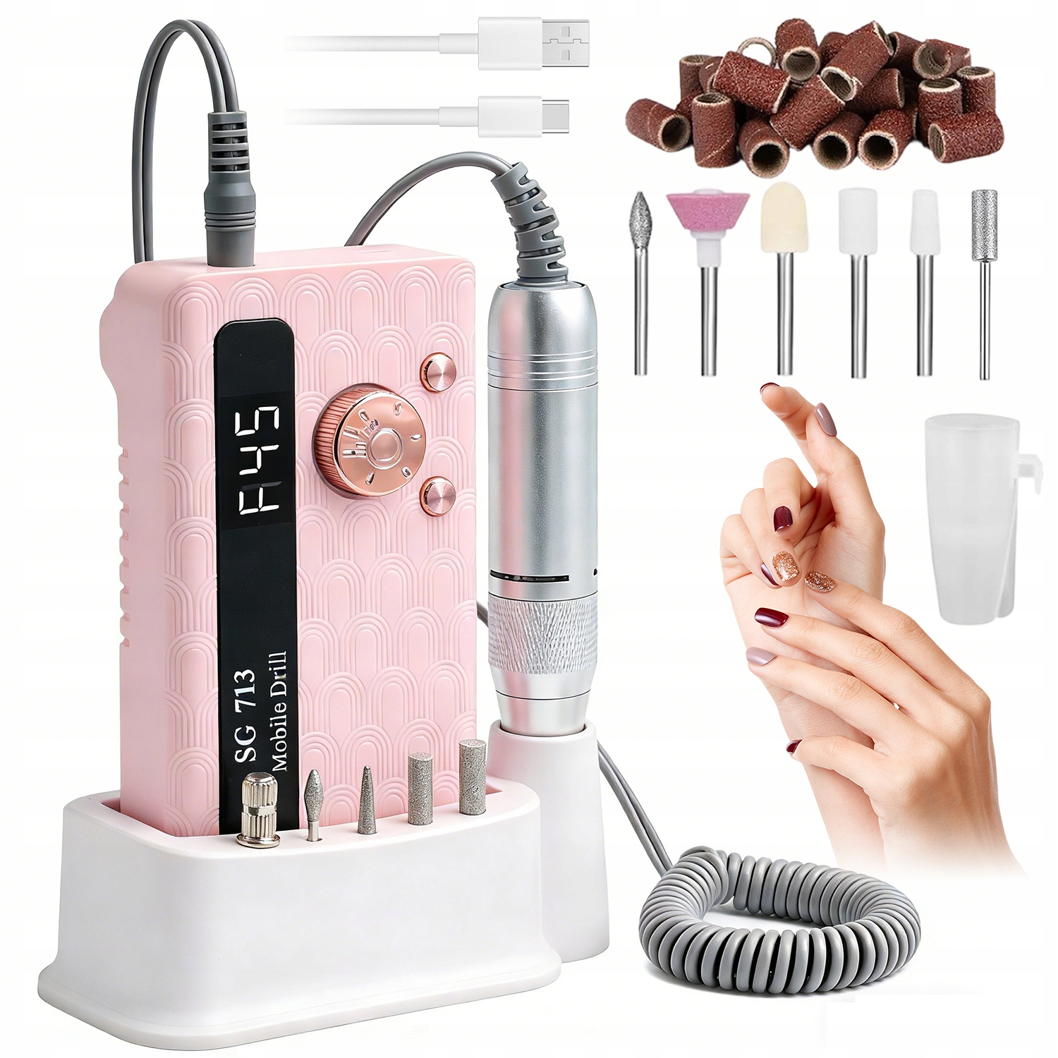 Bruska Na Nehty Elektrická Výkonná 45000 Rpm Led Usb Růžová