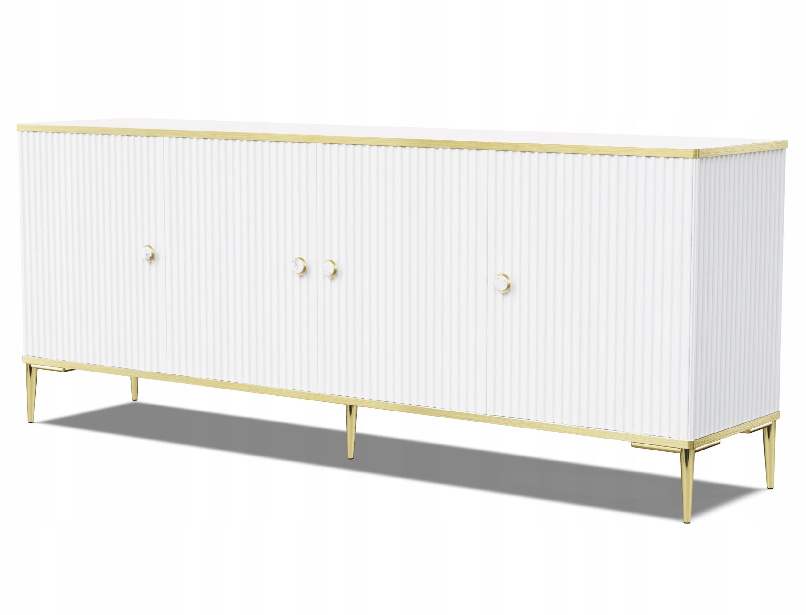 Komoda Petra 182 cm 4D fréza bílá matná frézované nohy zlaté kovové