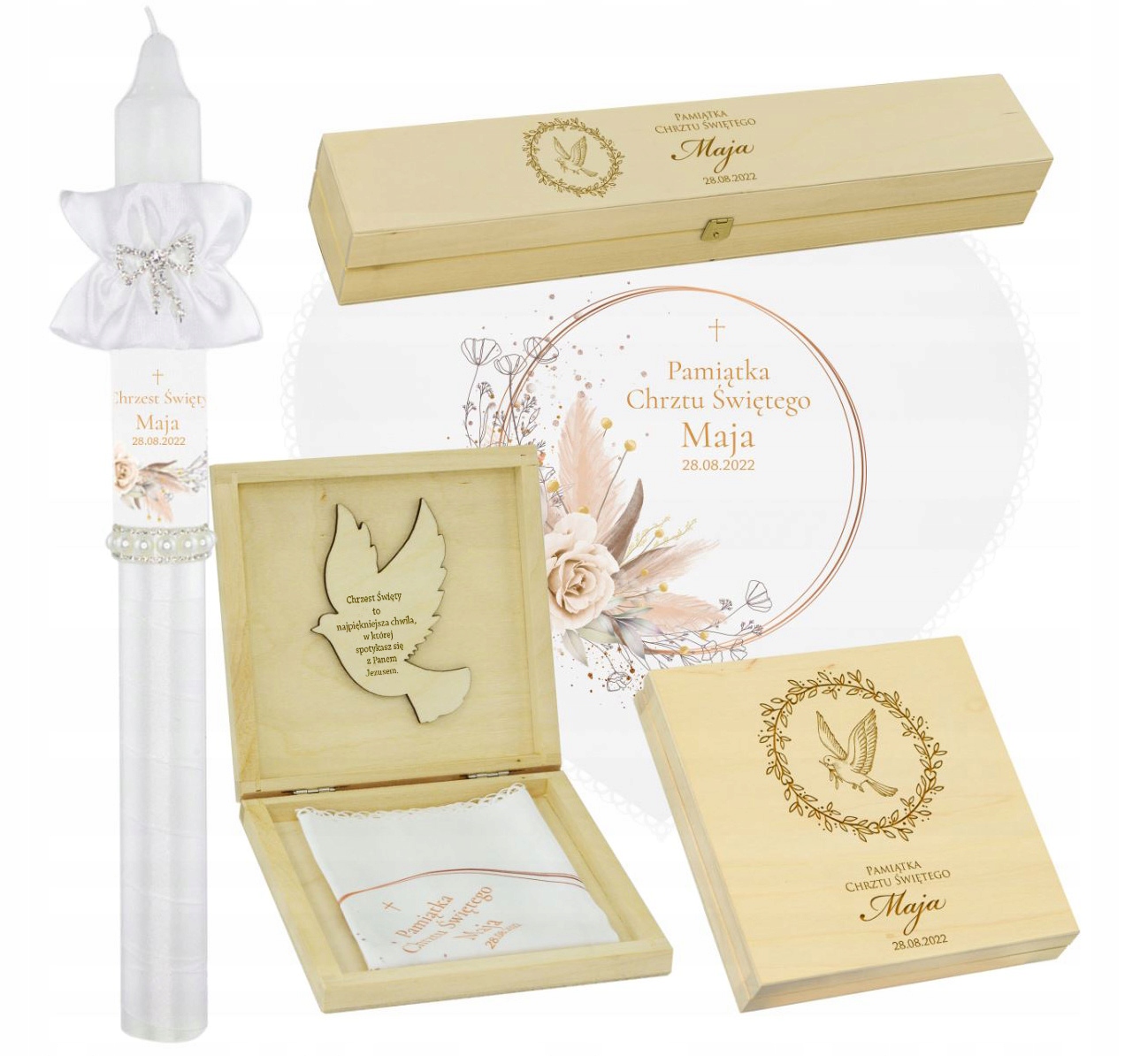 BIAŁA SZATKA I ŚWIECA DO CHRZTU i 2 DREWNIANE PUDEŁKA PERSONALIZOWANE S