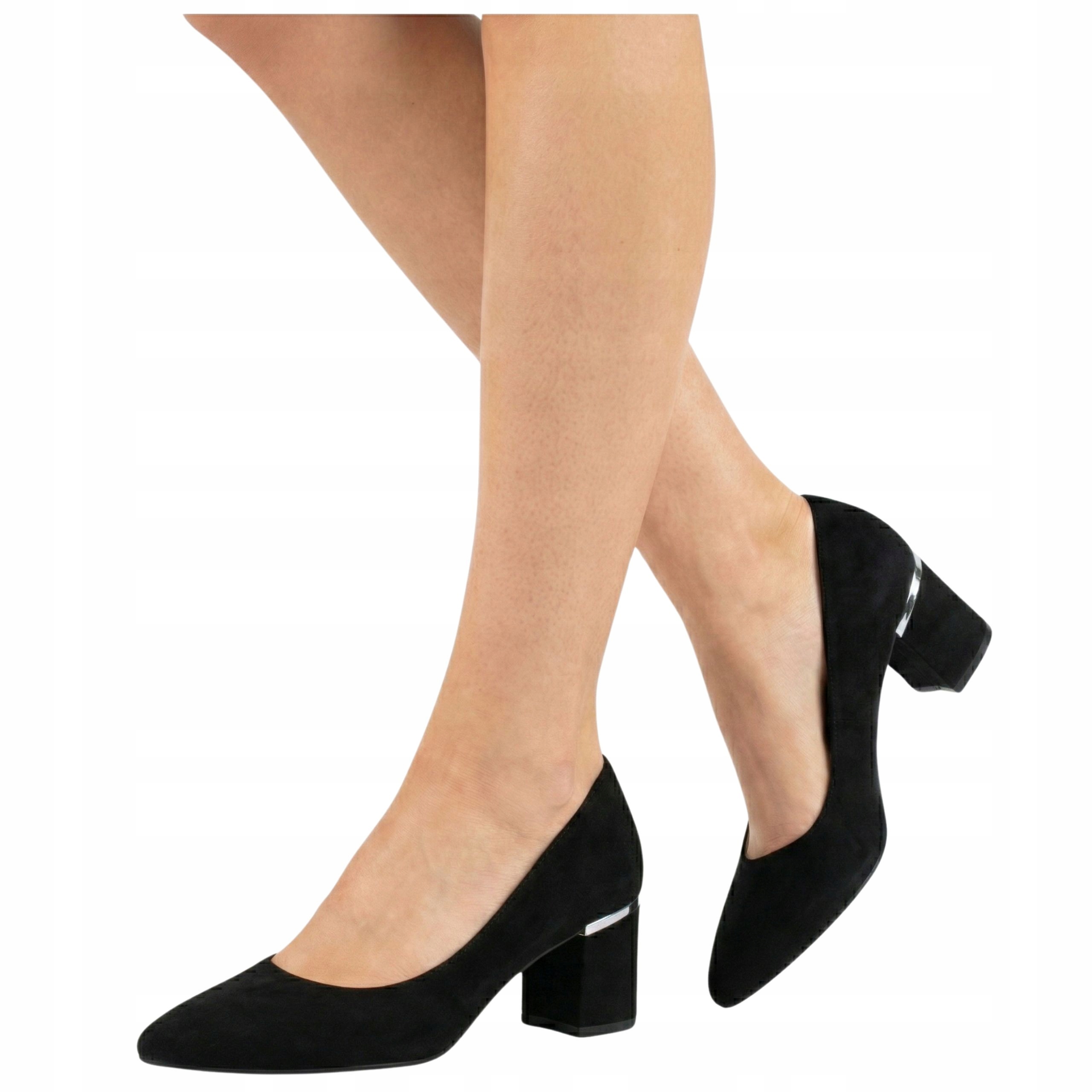 Czółenka Buty Na Obcasie Klocku Obcasy Szpic Czarne 37