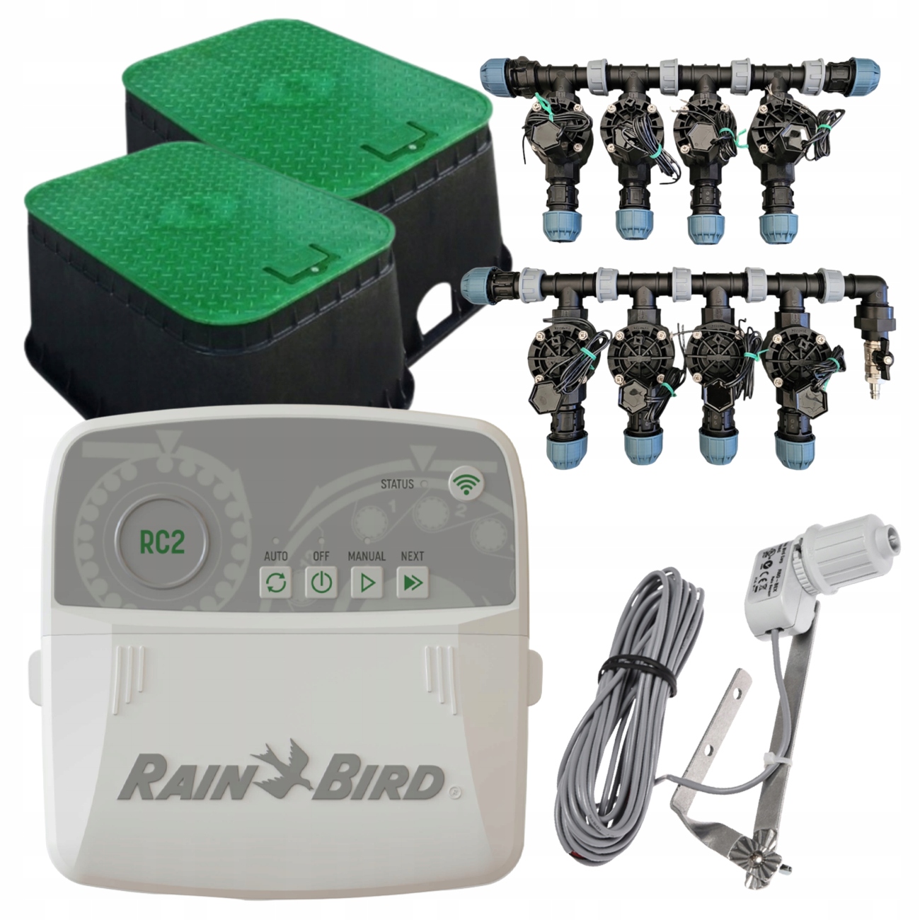 Zestaw Rain Bird Hv 8 sekcji Kompresor Sterownik RC2 WiFi Czujnik Rsd Pe 25