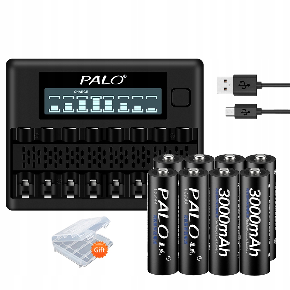 8 ks Aa R6 HR6 Dobíjecí Baterie 1,2V 3000mAh Nabíječka s LCD Displejem a Usb Portem pro 8 Baterií