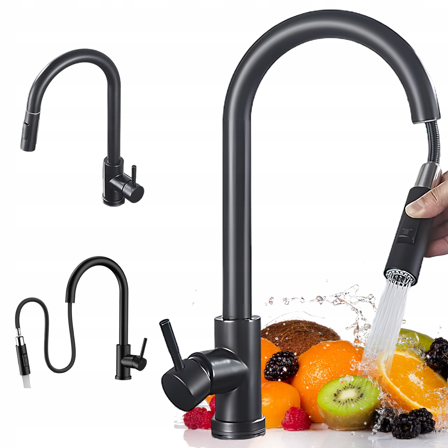 Černá kuchyňská baterie 304 Nerezová Ocel 60 cm Roztahovací 2 režimy vody