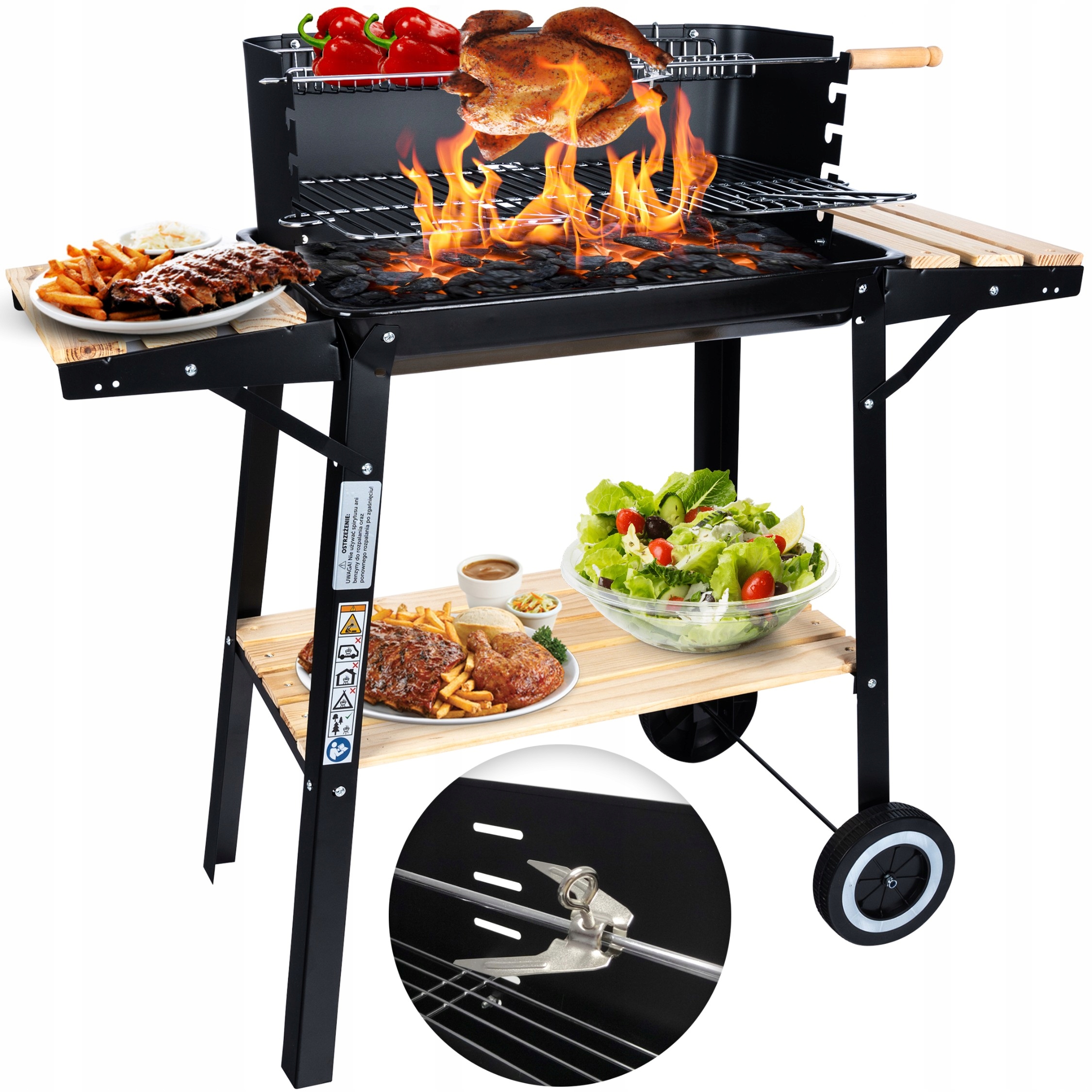 DUŻY GRILL ogrodowy Węglowy na kołach Rożen 3x PÓŁKI Grill PREMIUM SET Głębokość grilla 42 cm