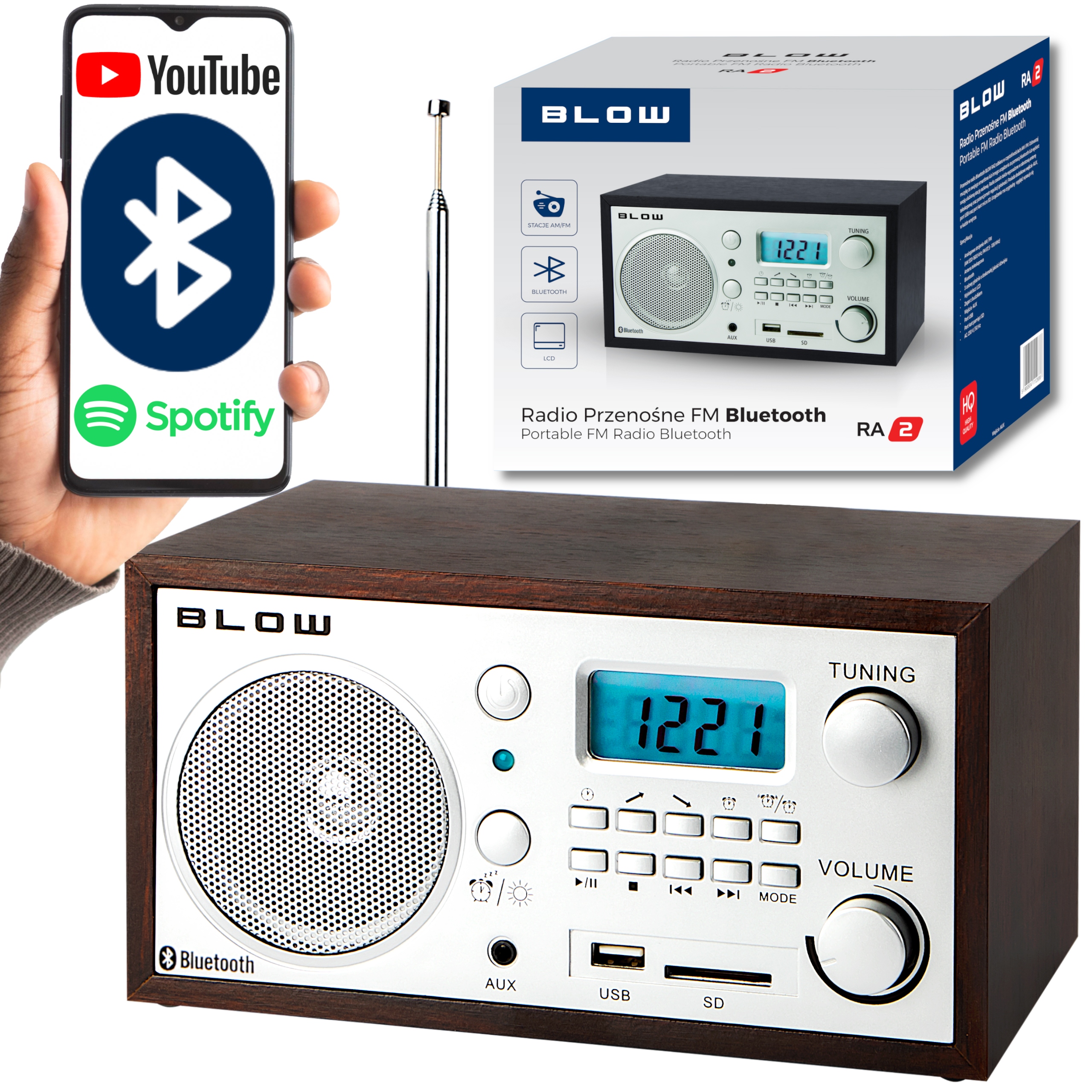 Radio Kuchenne Bluetooth Przenośne Retro LCD Antena Fm Usb Sd Zegar Budzik