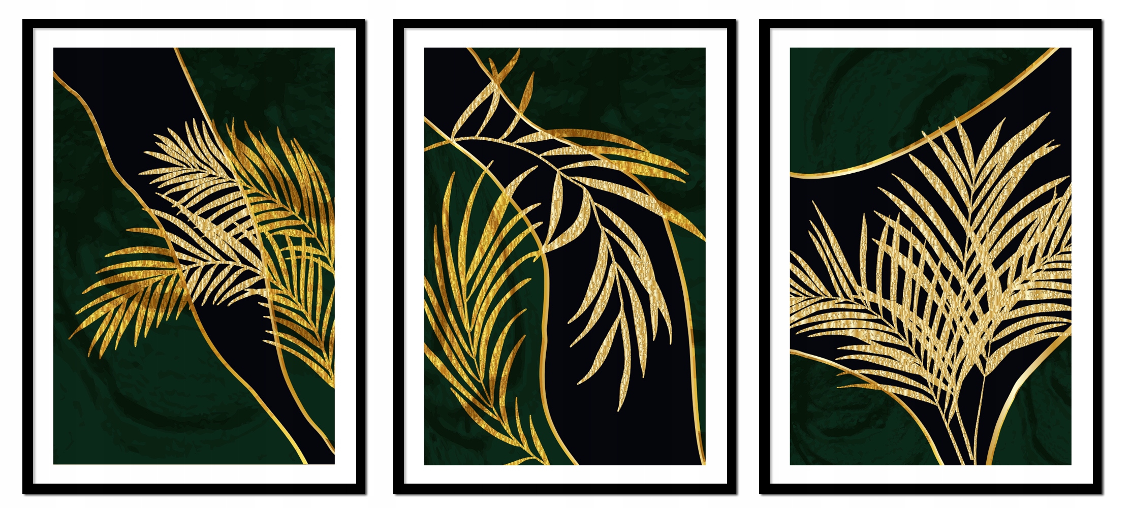 Triptyk Sada 3 Obrazů V Rámu palmy zlaté listy černá 73x53 cm P2481