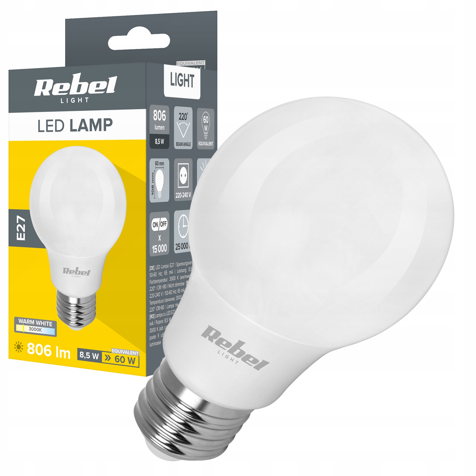 

Żarówka lampa Led 8,5W E27 A60 806lm 3000K Rebel