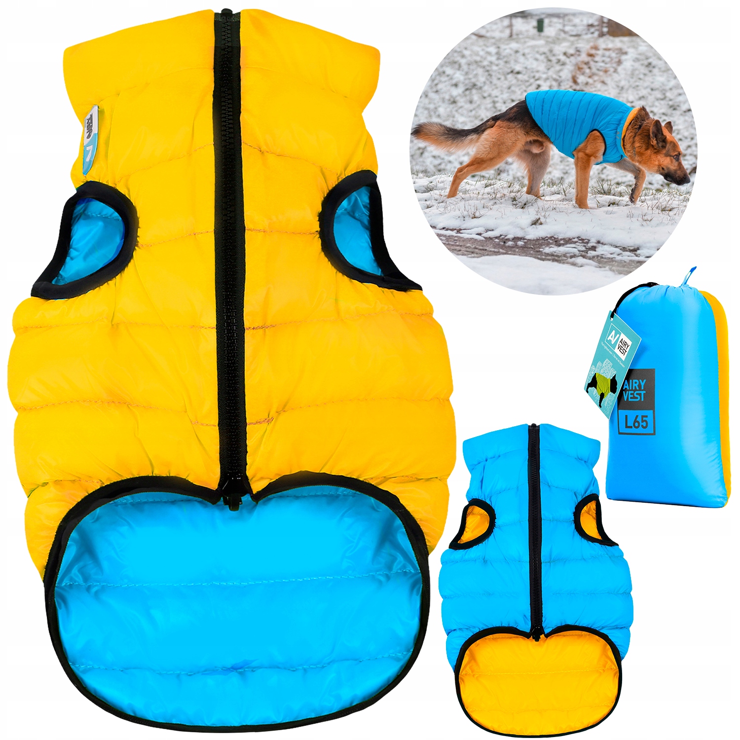 Levně Dvoustranná bunda pro psa se zipem, teplá, žluto-modrá, velikost XL (L65)