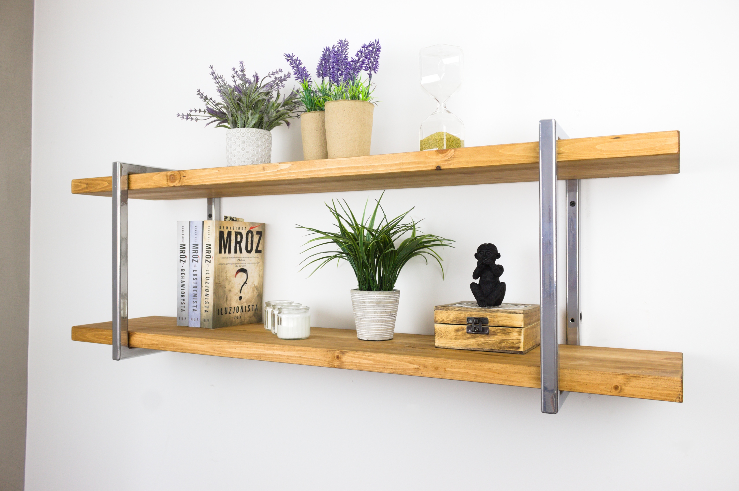 Závěsná nástěnná police Glamour Chrom Dvojitá dřevěná kovová 100 cm