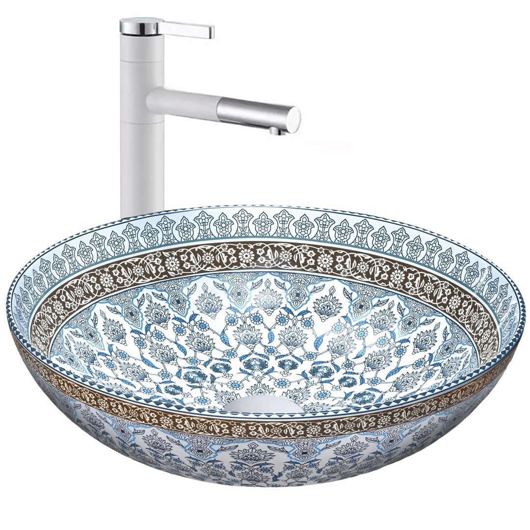 Umyvadlo na desku Arte Blue bílá keramika se zlatým vzorem