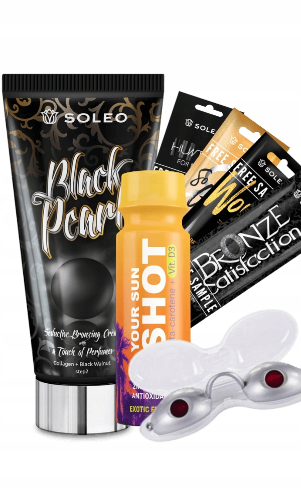 Soleo Black Pearl bronzer v sadě s brýlemi a drinkem typu sun shotem