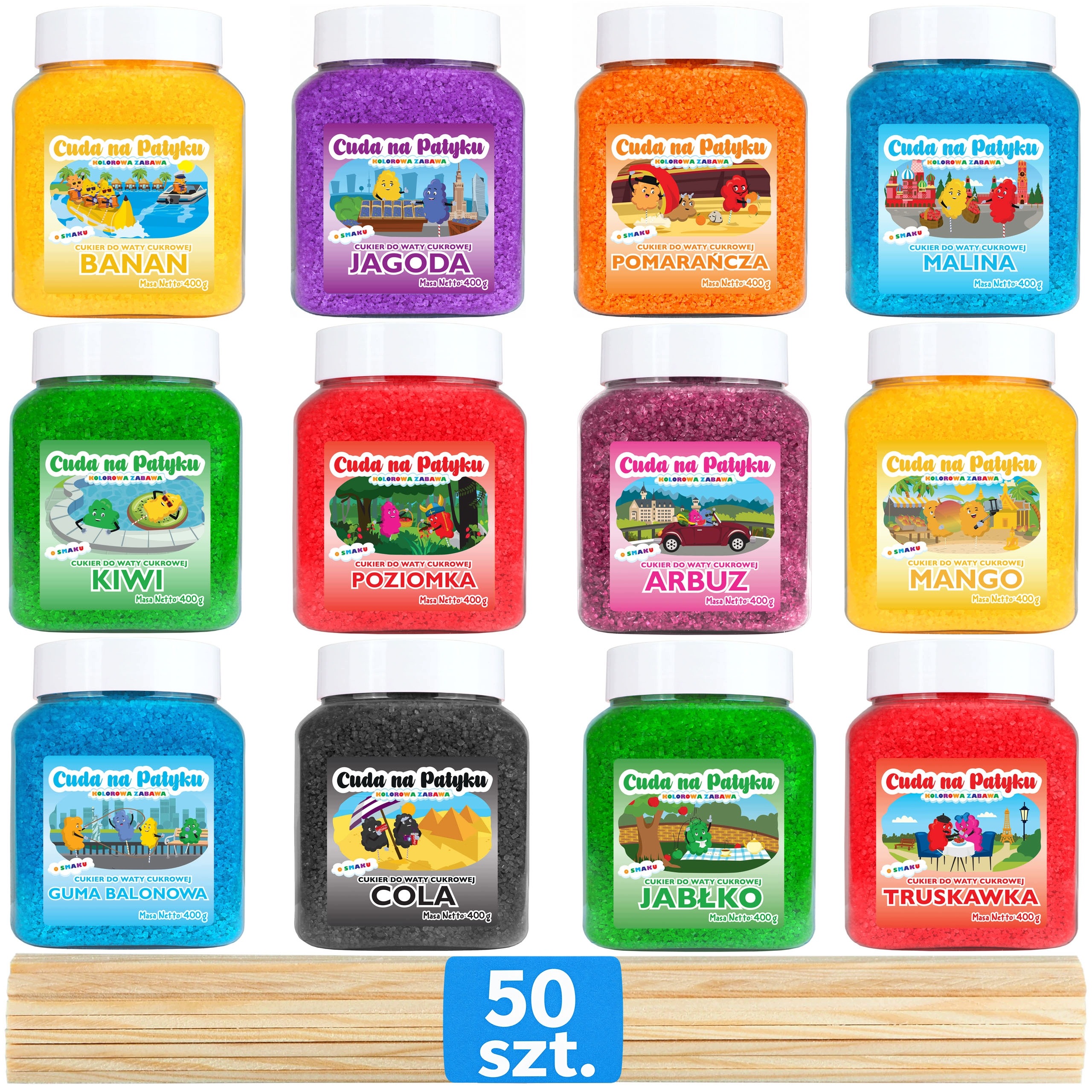 Barevný cukr na cukrovou vatu s příchutí 12 x 400 g, hrubé tyčinky 50 ks