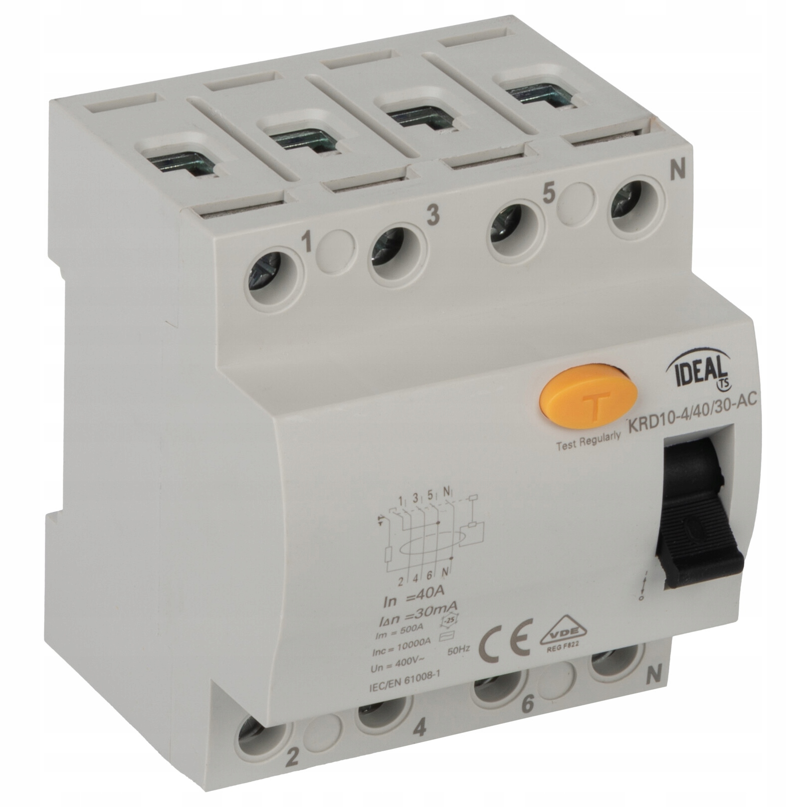 Diferenciální proudový spínač 4P 40A 30mA 10kA Ideal KRD10-4/40/30 38741