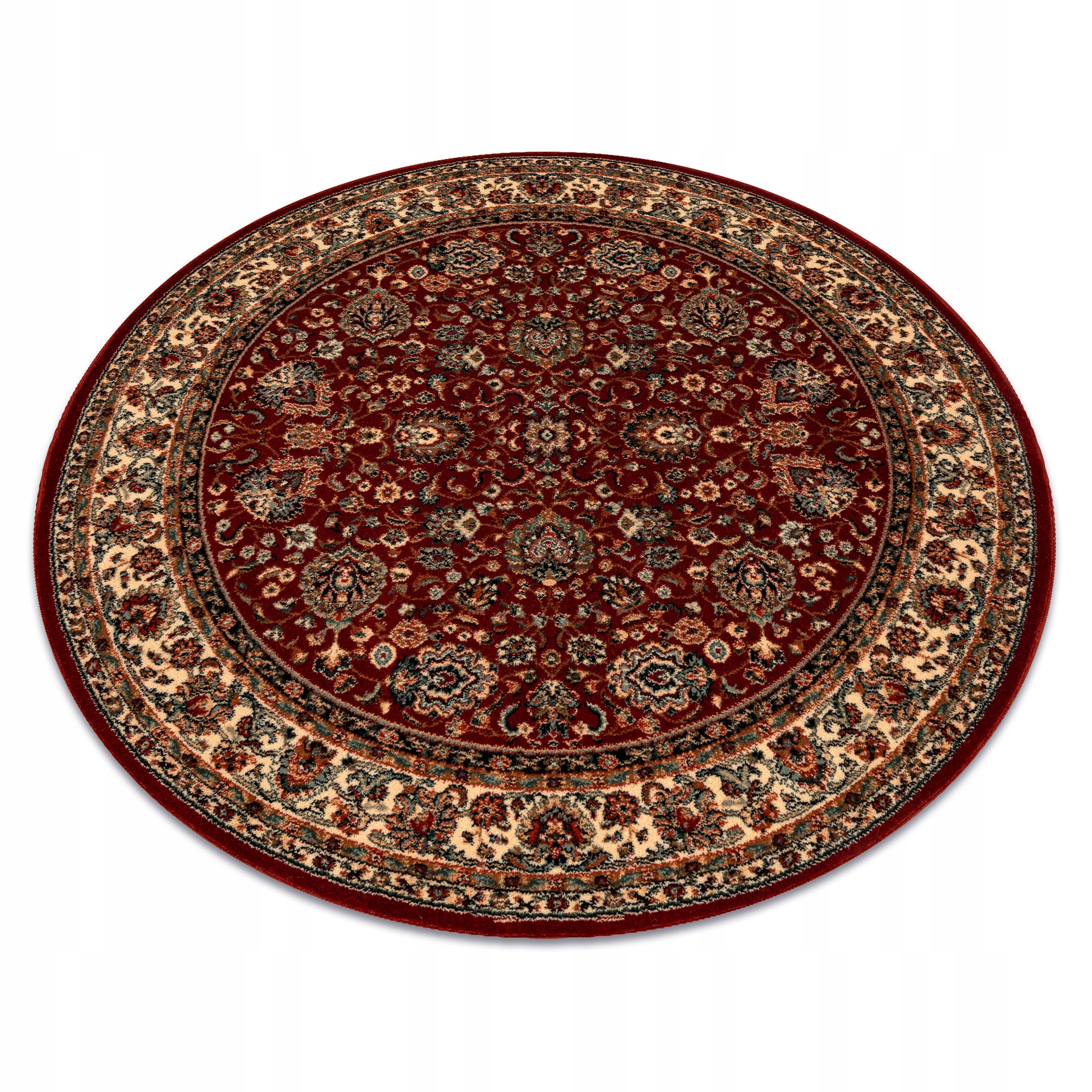 Wełniany Dywan Salonu Ornament Kwiaty Ramka Łączka beż/bordo koło 120 cm