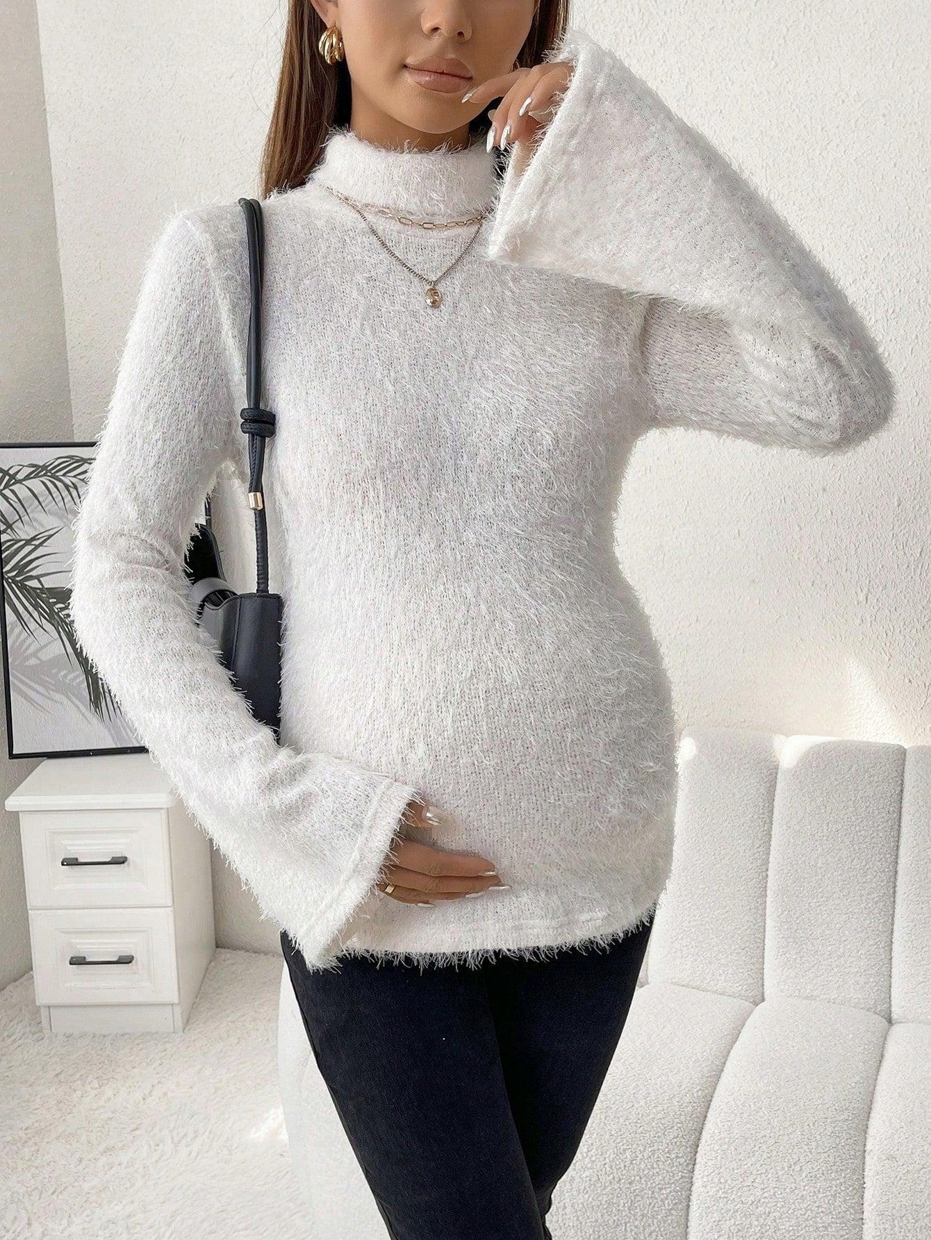 ECRU SWETER CIĄŻOWY DZIANINOWY WŁOCHATY Z GOLFEM DOPASOWANY SHEIN M