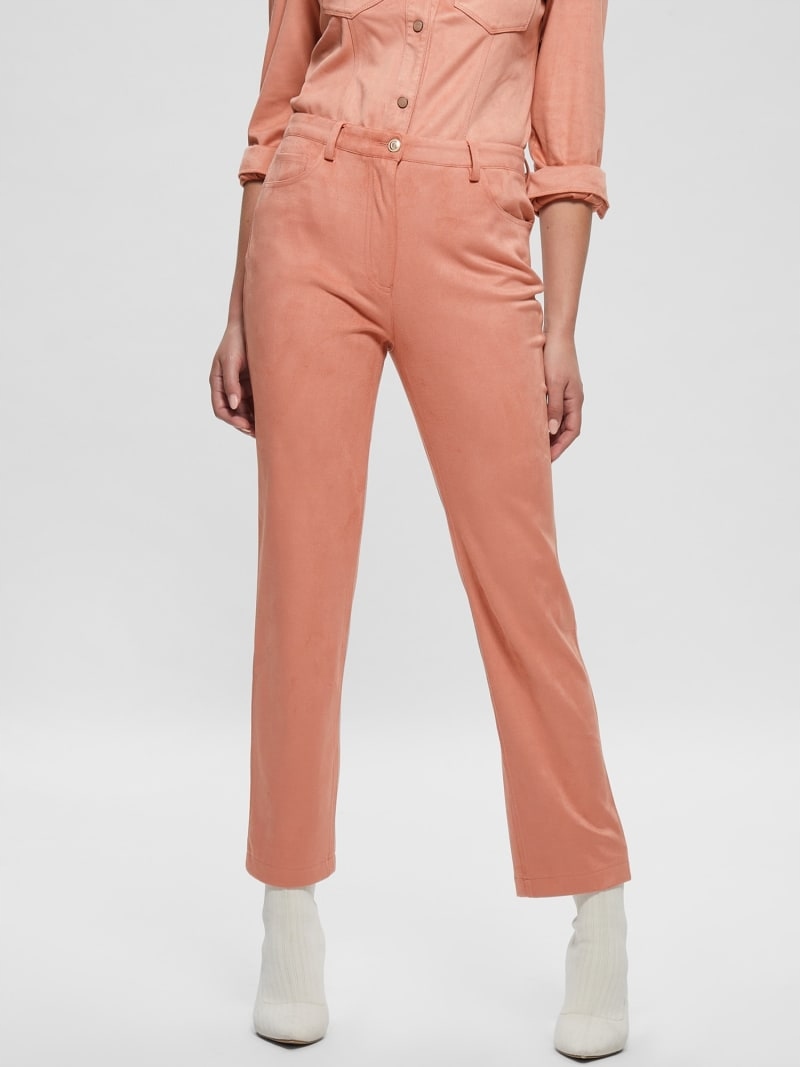 Guess Růžové Trubičkové Kalhoty S Efektem Semiše Casual 26 Gga