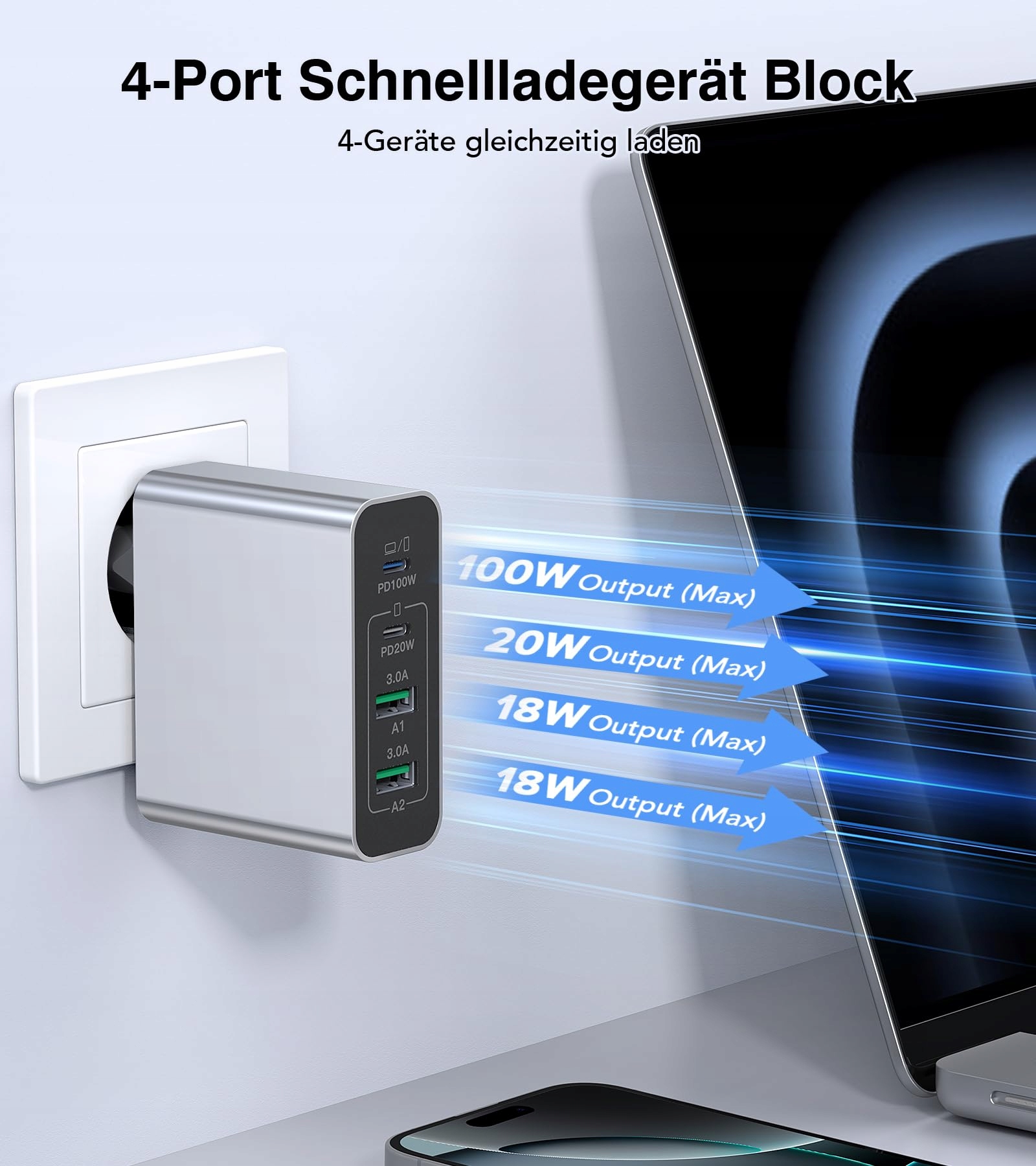 Anykon Ładowarka USB C 120W 4-Port Szybkie Ładowanie iPhone MacBook Android — miniatura 2