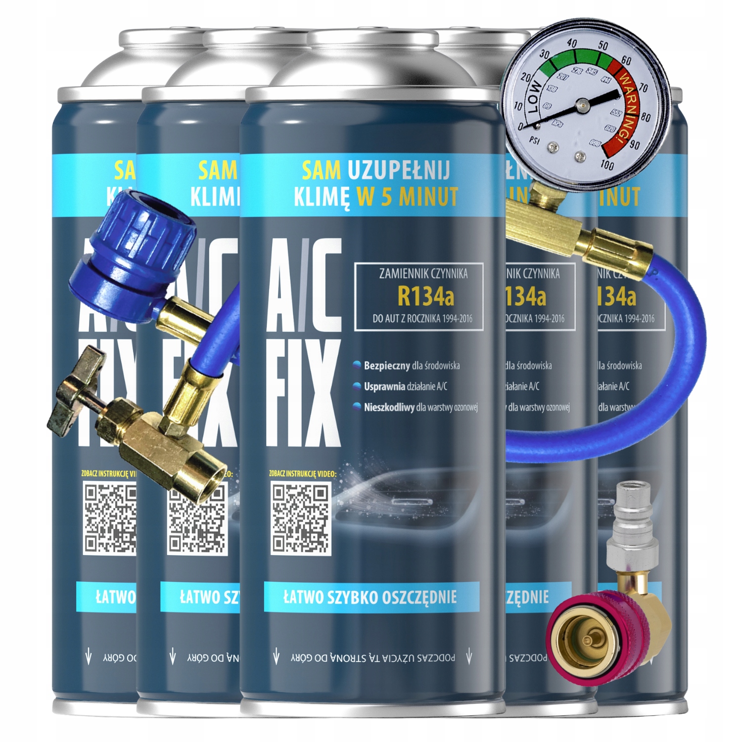 Ac Fix Set 5xR134a Chladicí Médium pro auta 850g Kabelový adaptér Hp/lp