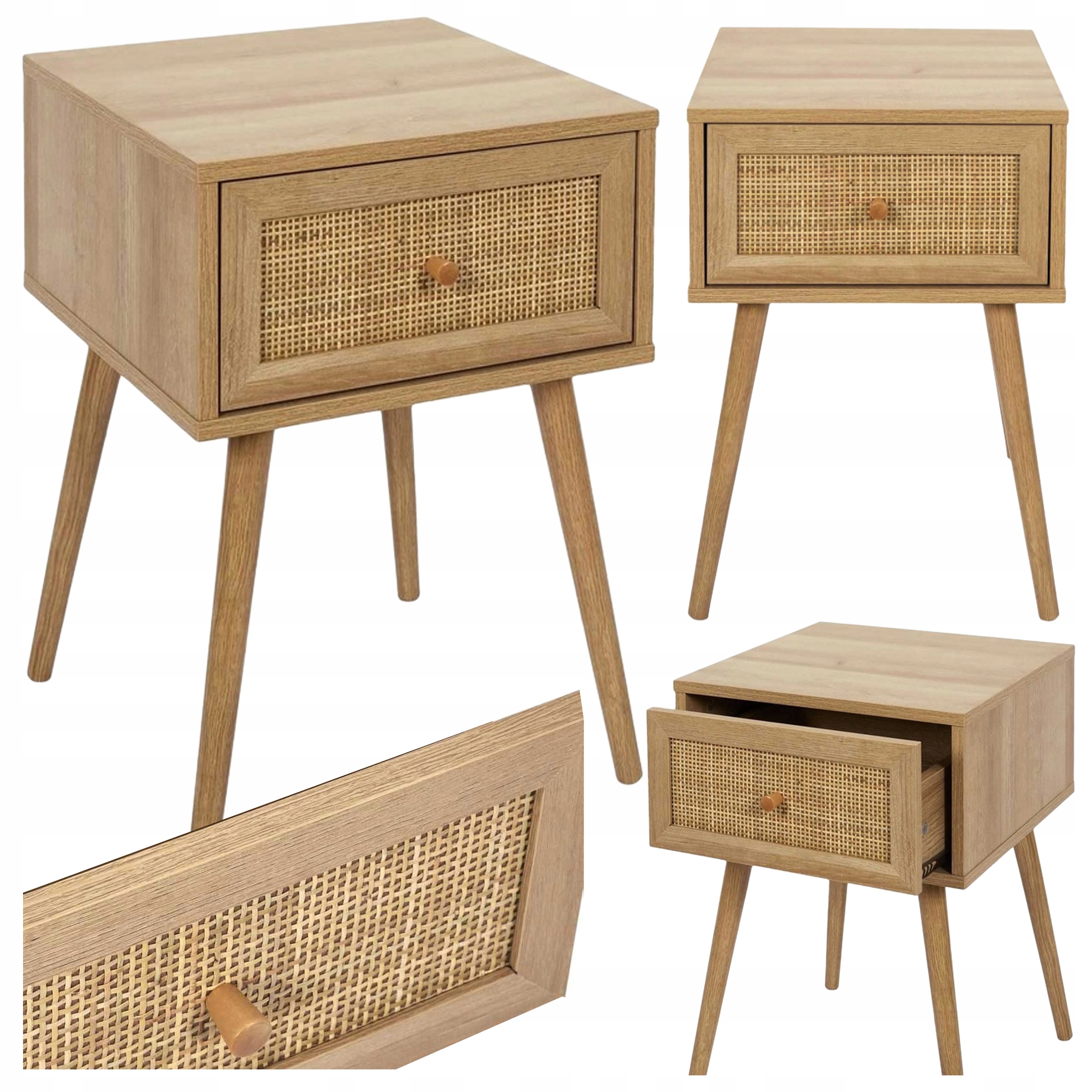Noční stolek Tivo boho s ratanovými čely 55.4 cm do ložnice šuplík