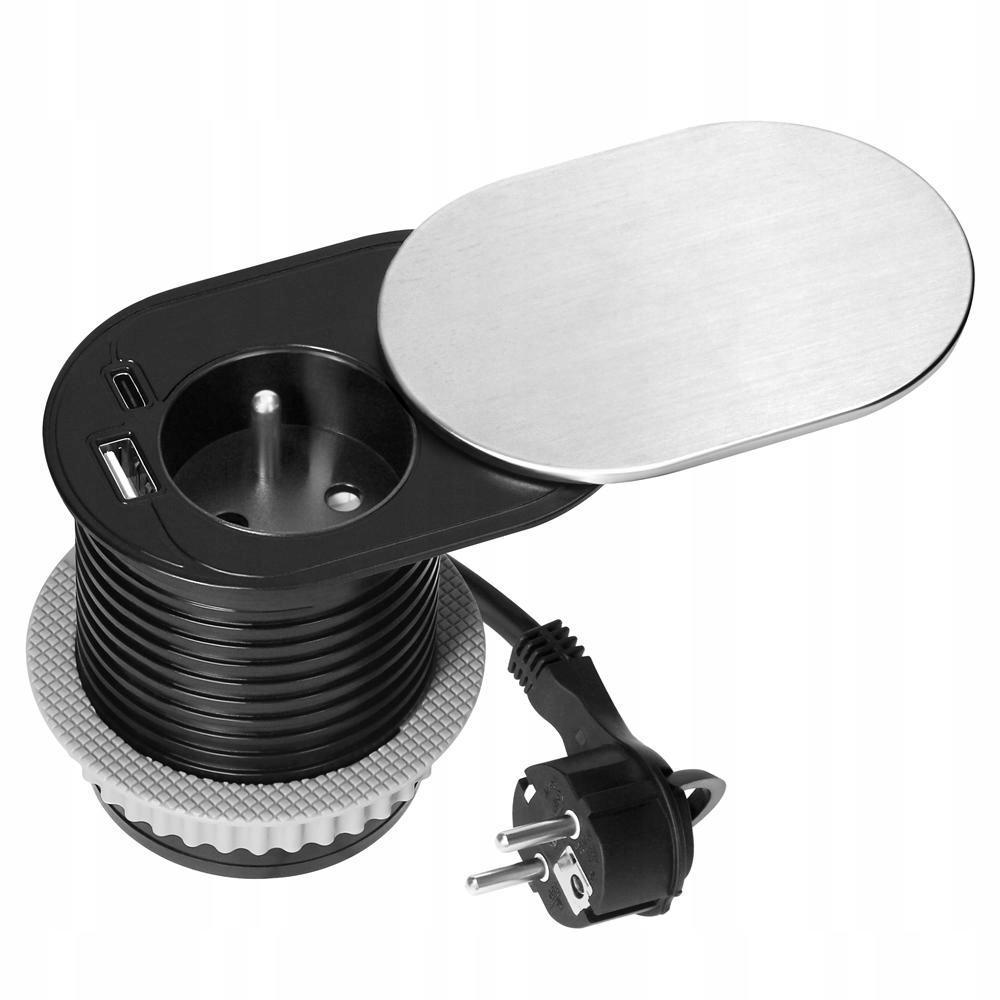 Gniazdo meblowe Ø6cm, 1,9m, 1x2P+Z (French), 2xUSB (typ A+c; PD20W) srebrne